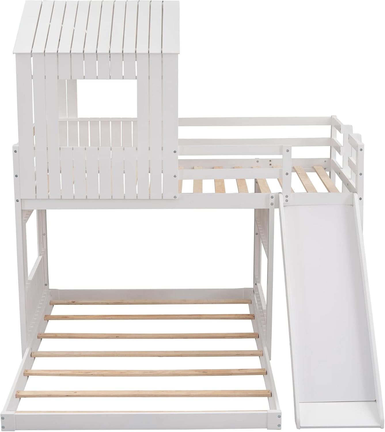Twin Over Full Bunk Bed With Slide With Guardrails White