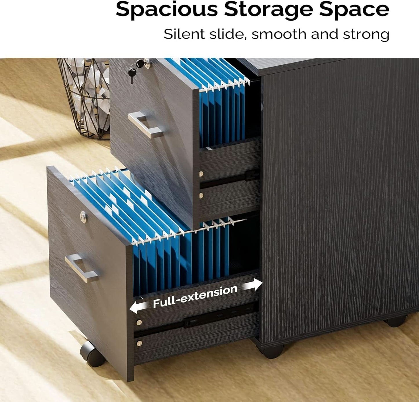 2 Drawer Rolling File Cabinet With Lock For Letter Size Folders Under Desk Black