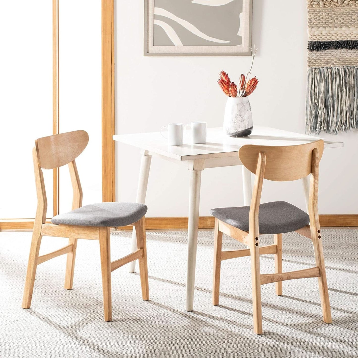 Dining Chair Set Of 2 With Grey Cushions And Natural Wood