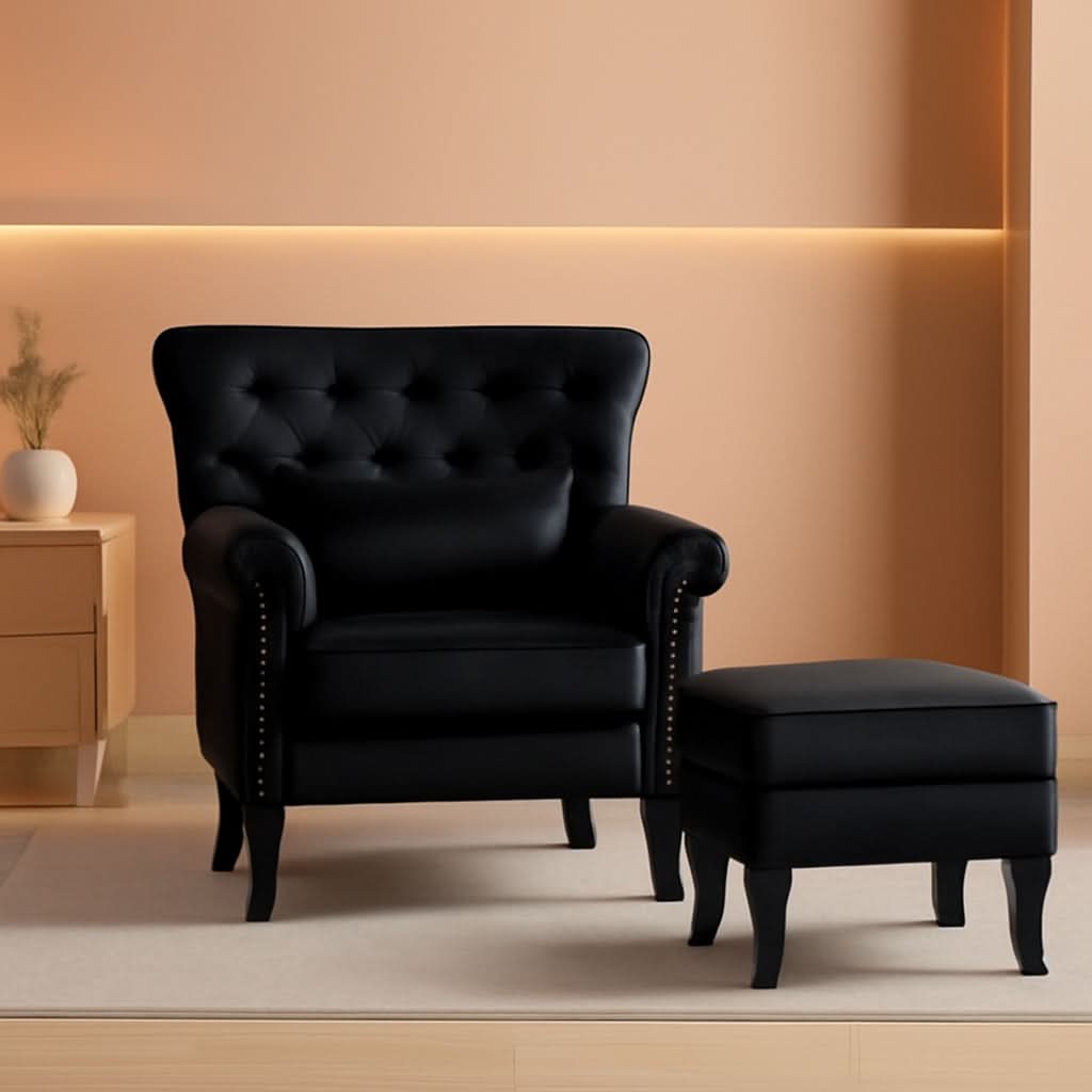 Elegant Black Velvet Wingback Chair With Ottoman Set
