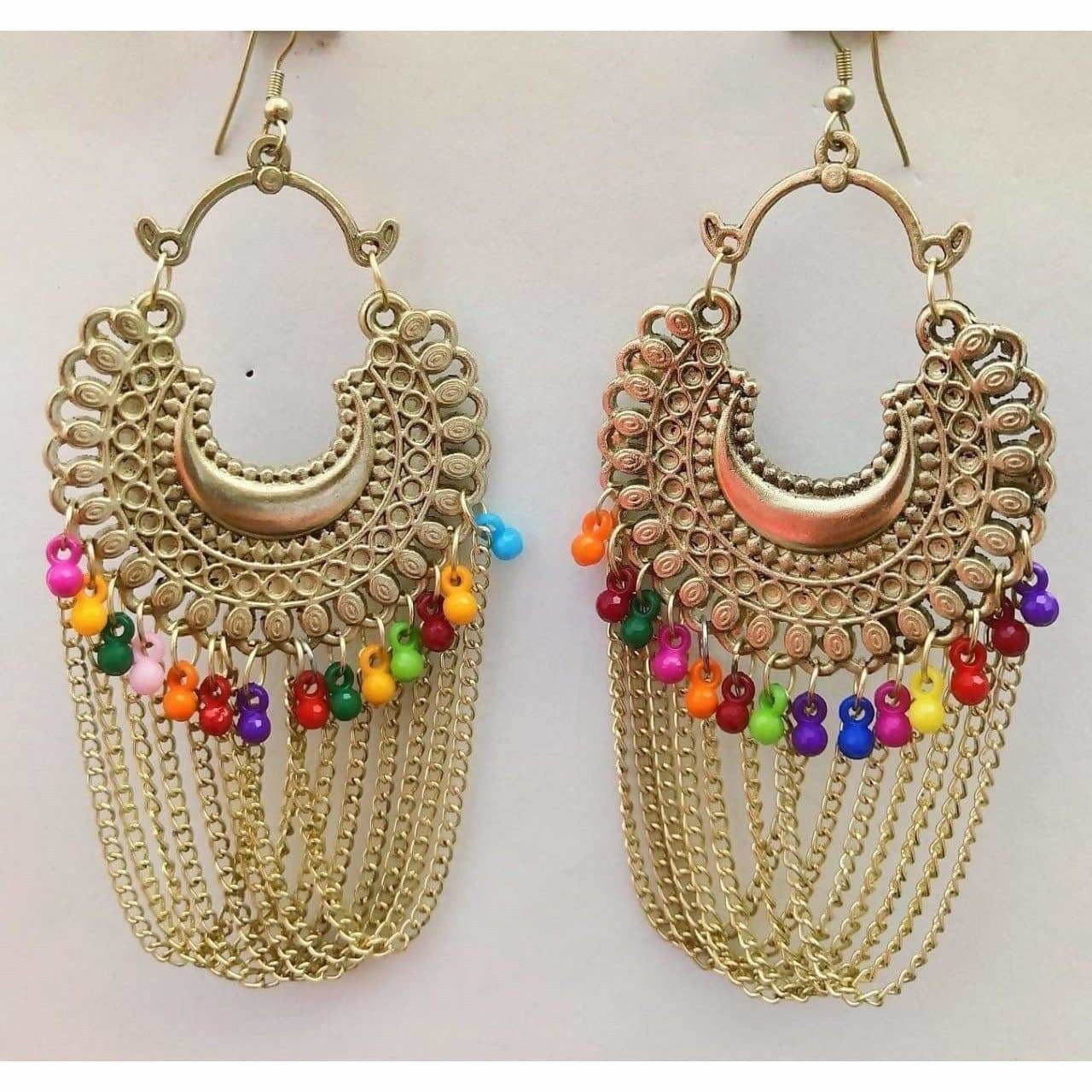 MS Fashion India Gold-Polished Afghani Multi Color Drops And Danglers Chain Earrings