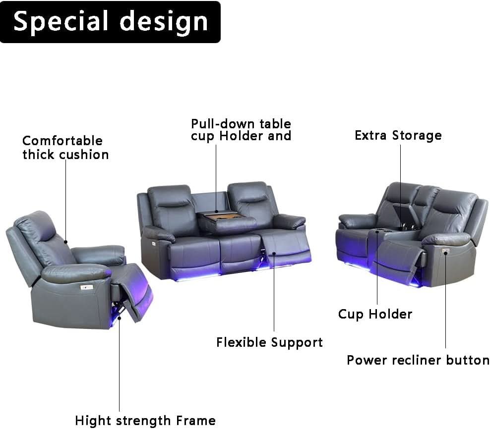 Power Leather Recliner Sofa Set Grey LED Lights Modern