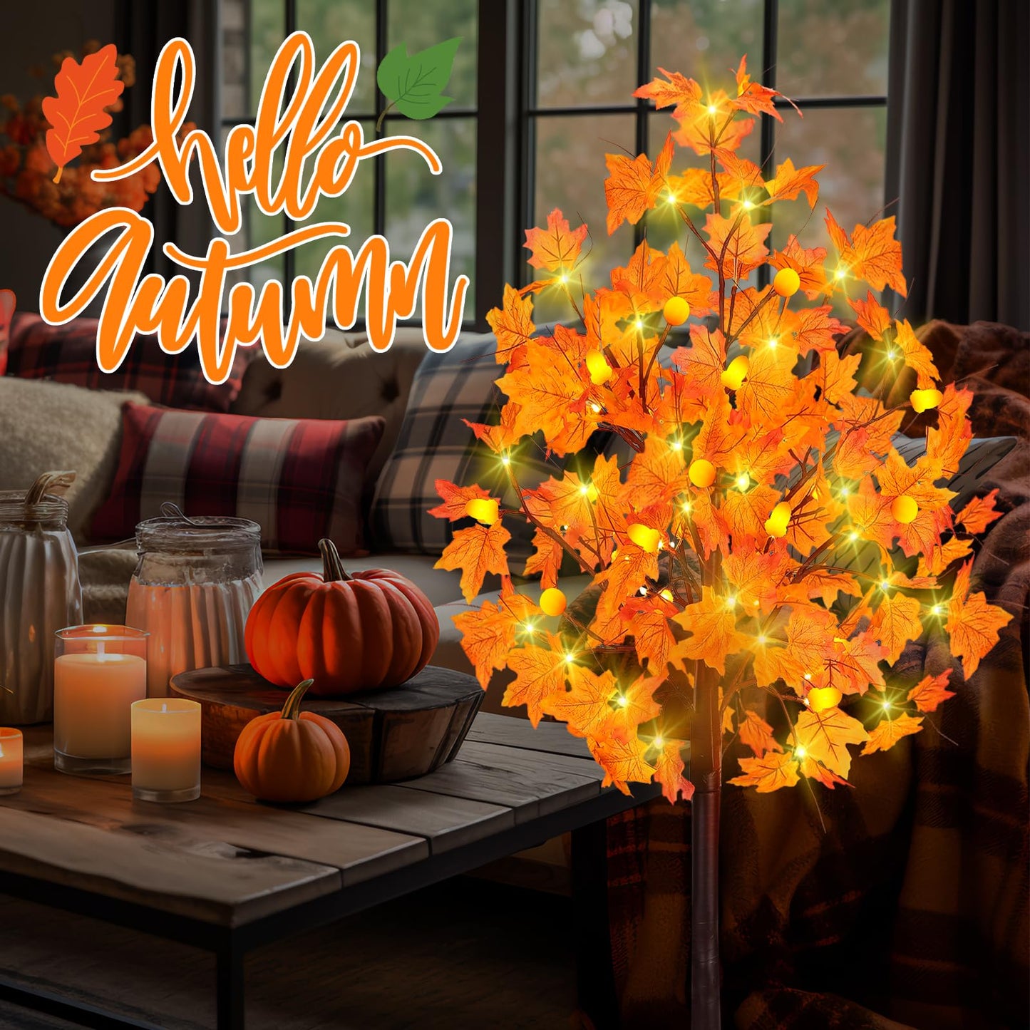 Ciyvotom 4 FT Fall Tree with 63 LED Warm Lights, 3D Pumpkins, Remote, Timer