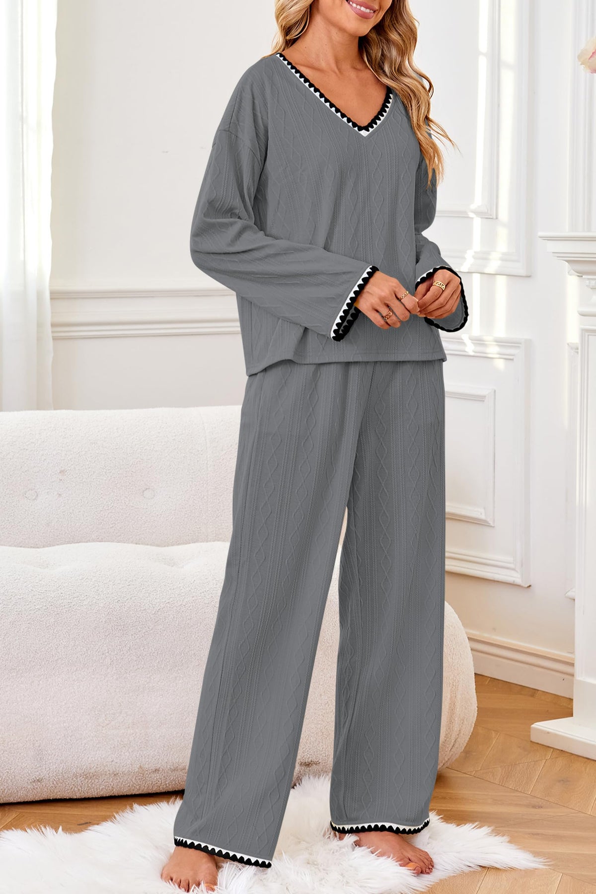 GUOLEZEEV Two Piece Lounge Set Soft Pajama Long Sleeve Pant Gray Size L