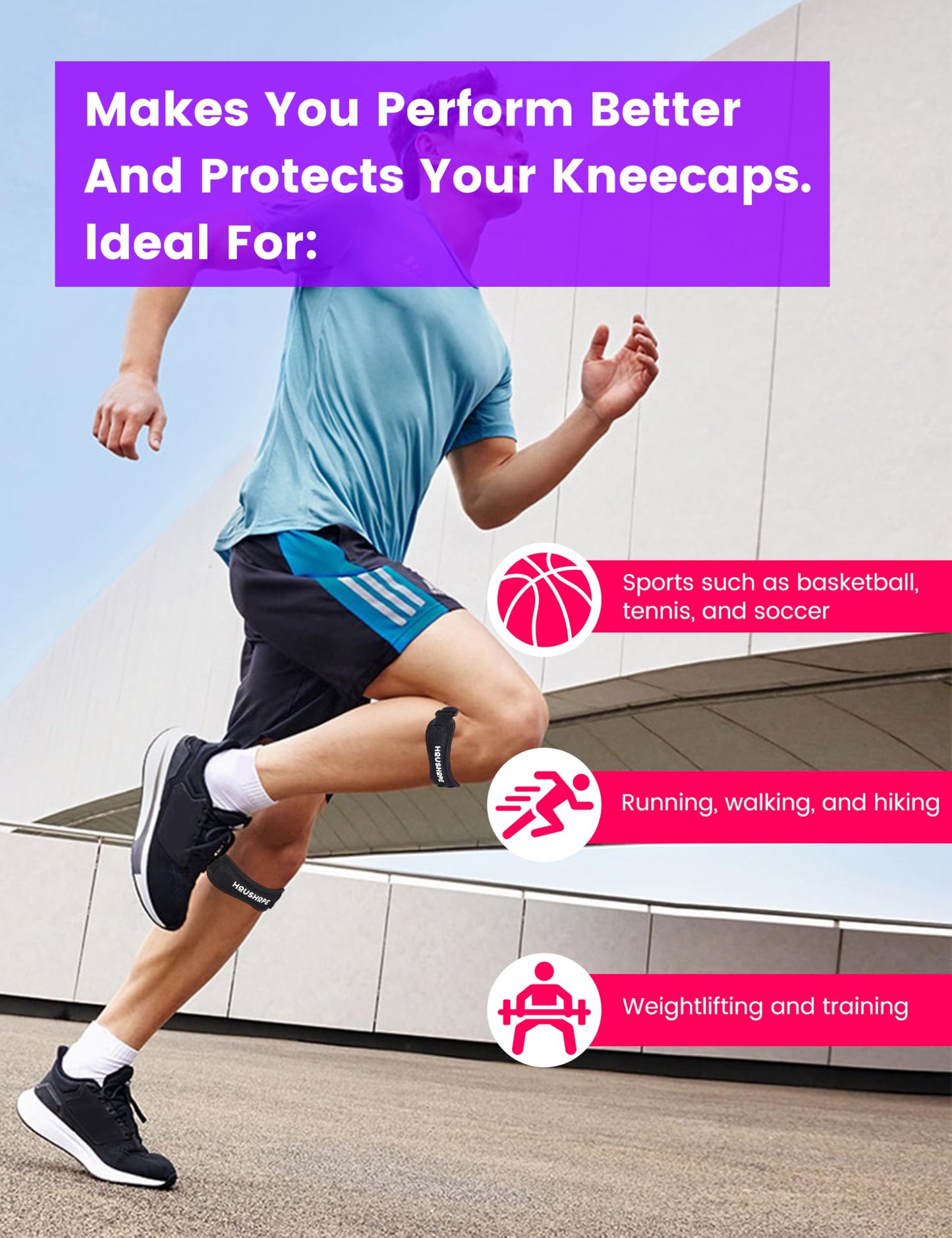 HOUSHOPE Patella Tendon Knee Strap 2Pack Adjustable Stabilizer Band One Size