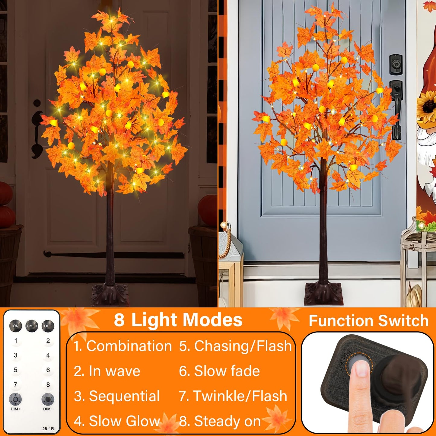 Ciyvotom 4 FT Fall Tree with 63 LED Warm Lights, 3D Pumpkins, Remote, Timer