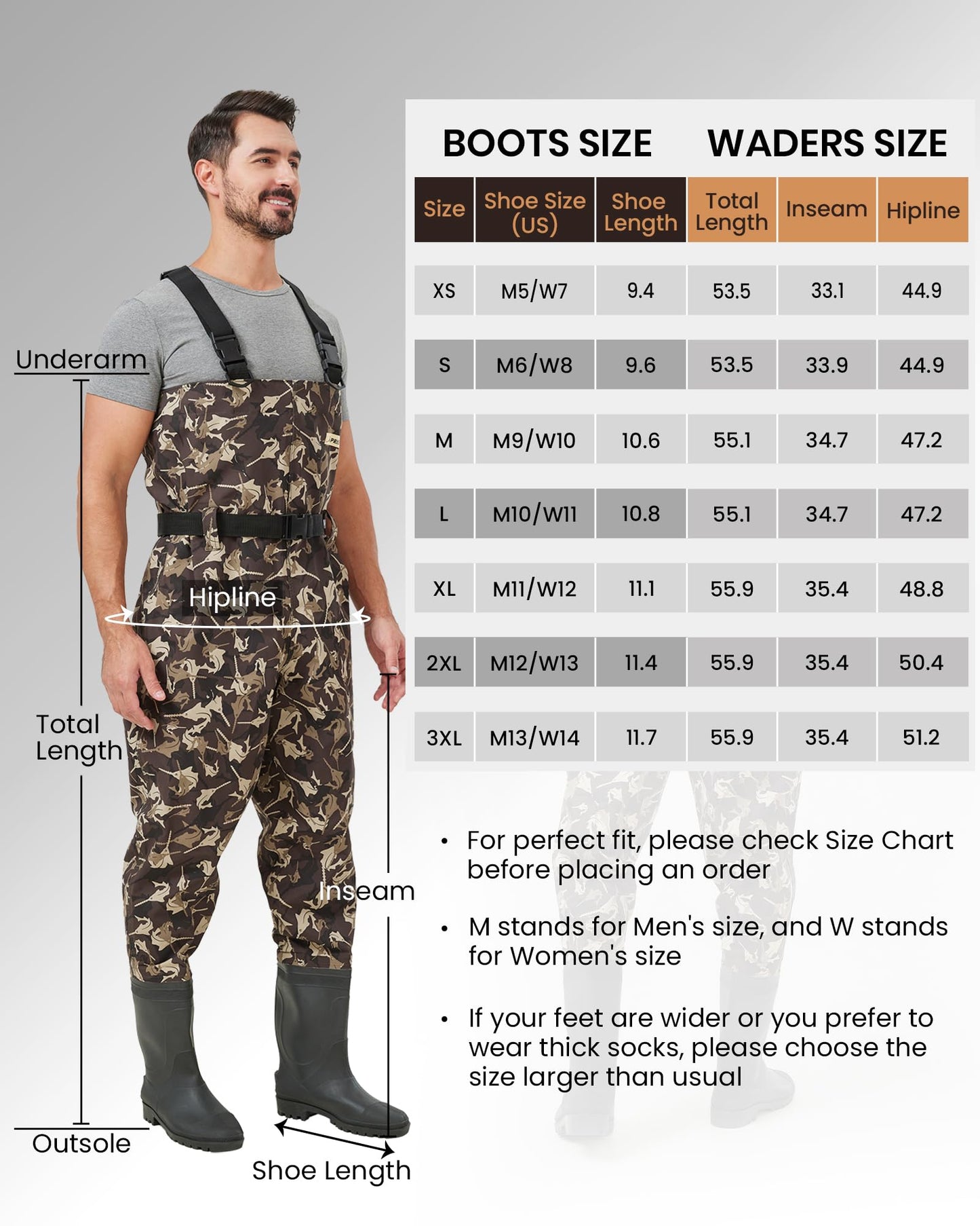 Pristis Taslan Fishing Waders Bootfoot Breathable CAMO Lightweight Size W14/M13