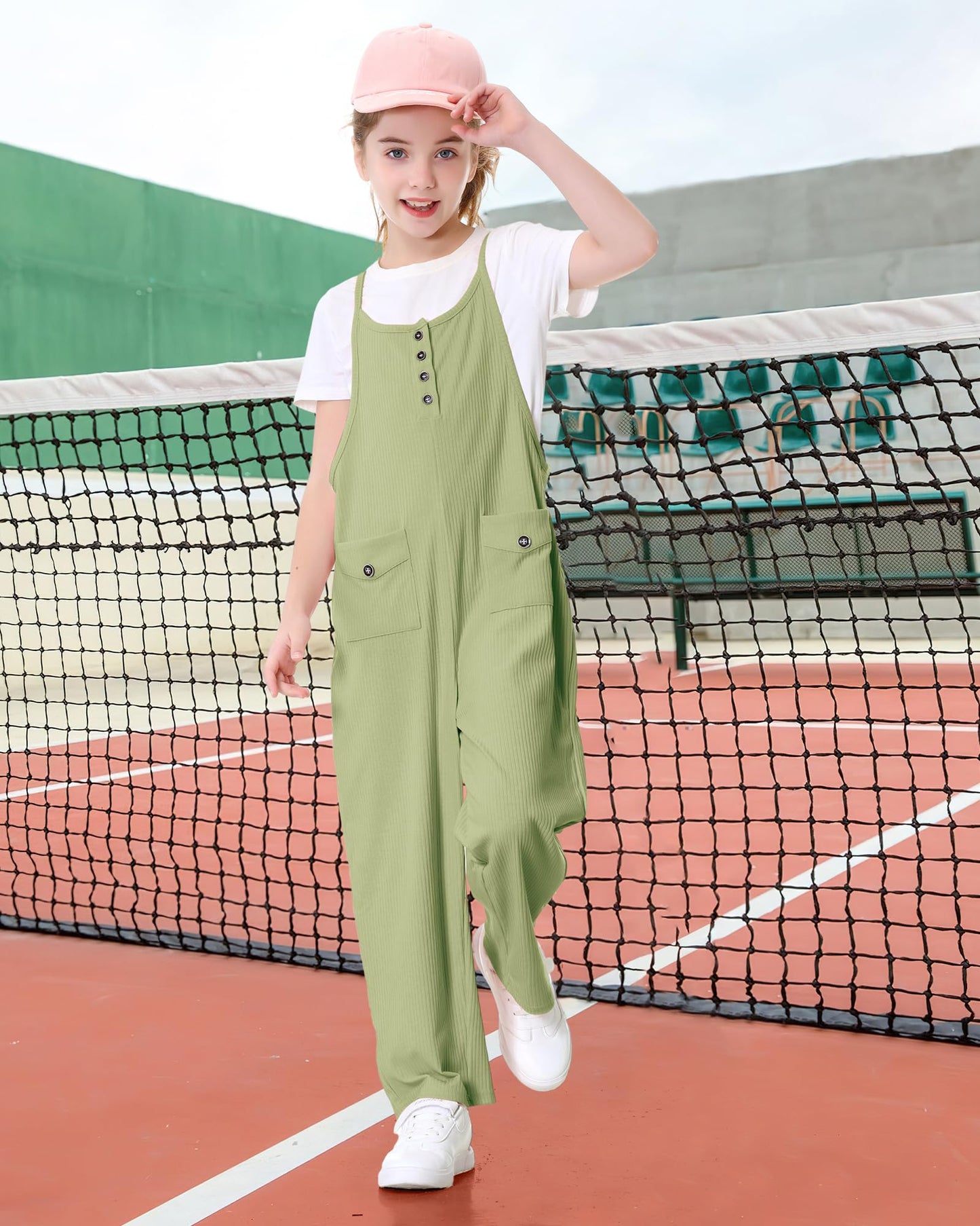 Rolanko Girls Jumpsuit Spaghetti Strap Romper Wide Leg Pockets Green Size 10-11Y