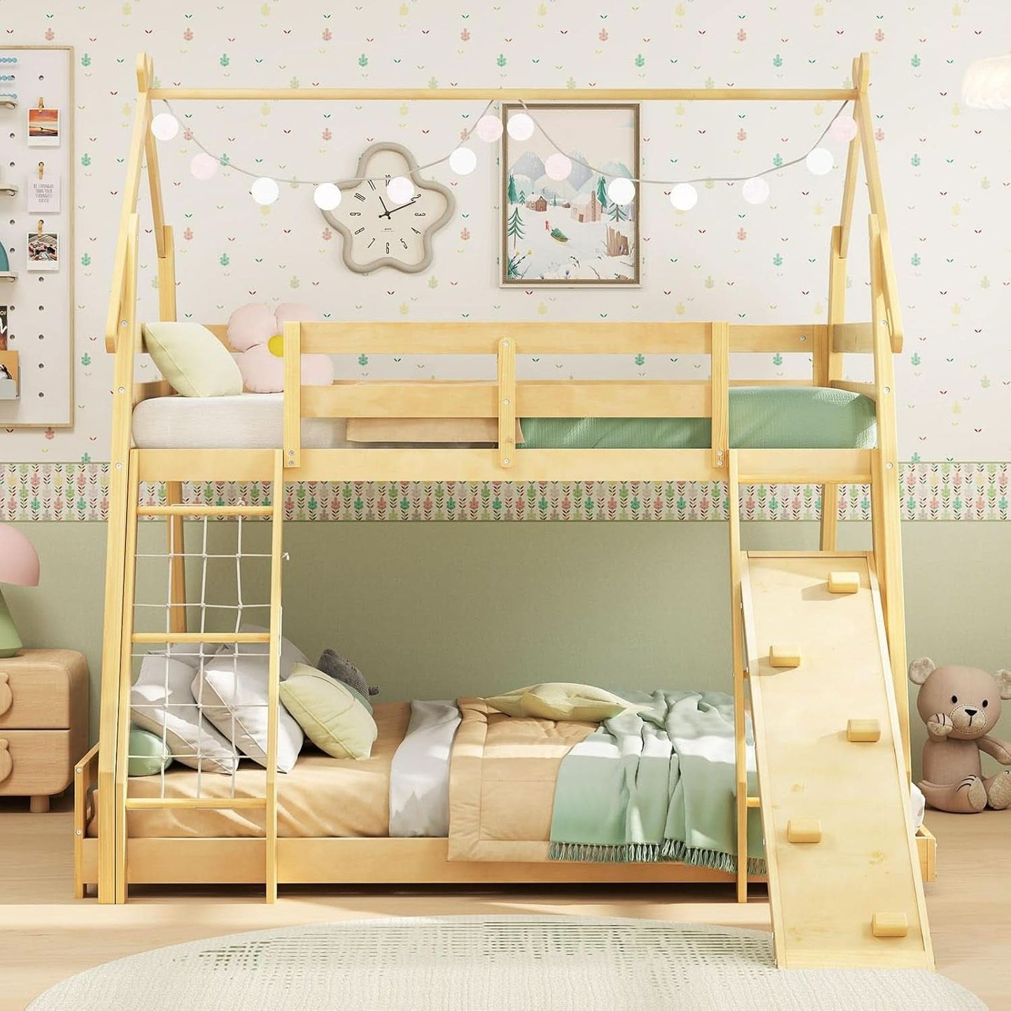 Twin Over Queen Bunk Bed With Climbing Nets Ramp Natural