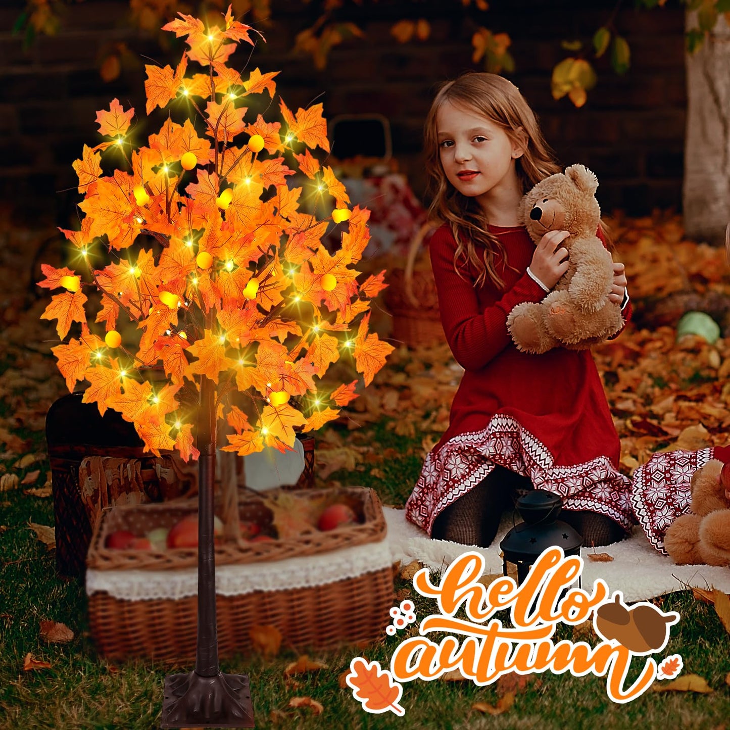 Ciyvotom 4 FT Fall Tree with 63 LED Warm Lights, 3D Pumpkins, Remote, Timer