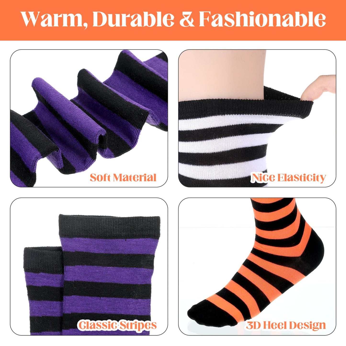 Tweruna 3 Pair Women's Knee High Striped Socks Orange Black Purple