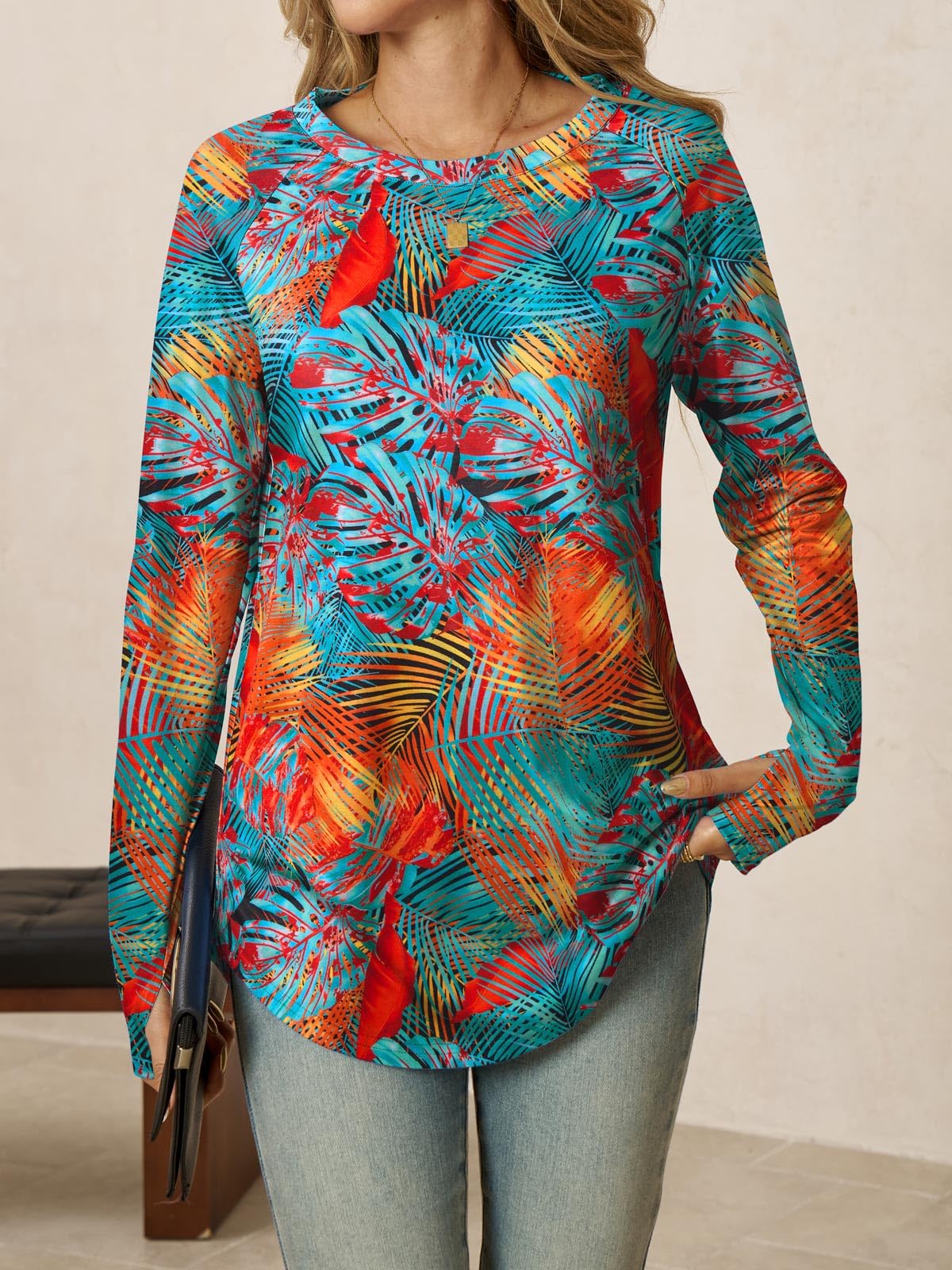 Yousify Womens Long Sleeve Shirts Casual Crew Neck Tunic Top Loose Fit Curved Hem Printed Fall Shirts with Thumb Holes