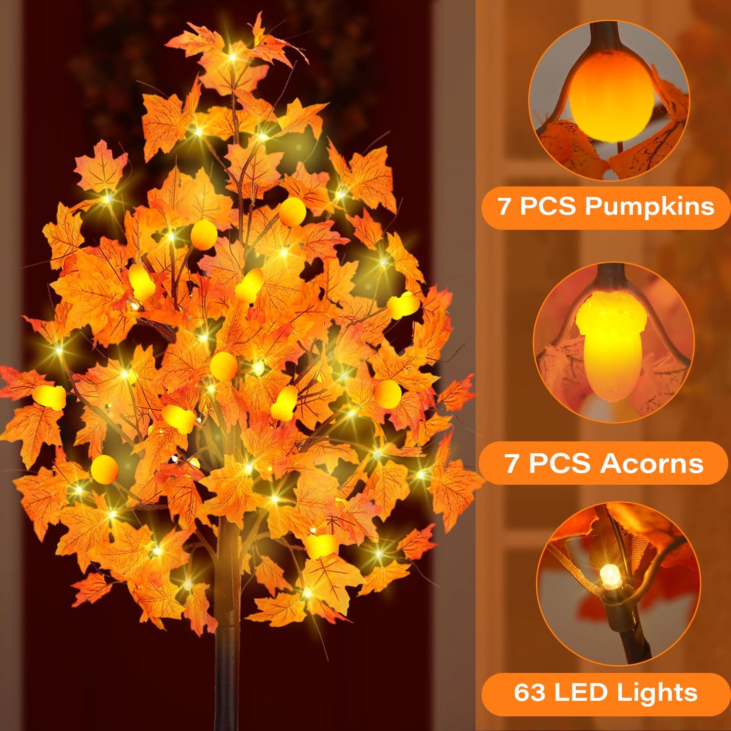 Ciyvotom 4 FT Fall Tree with 63 LED Warm Lights, 3D Pumpkins, Remote, Timer