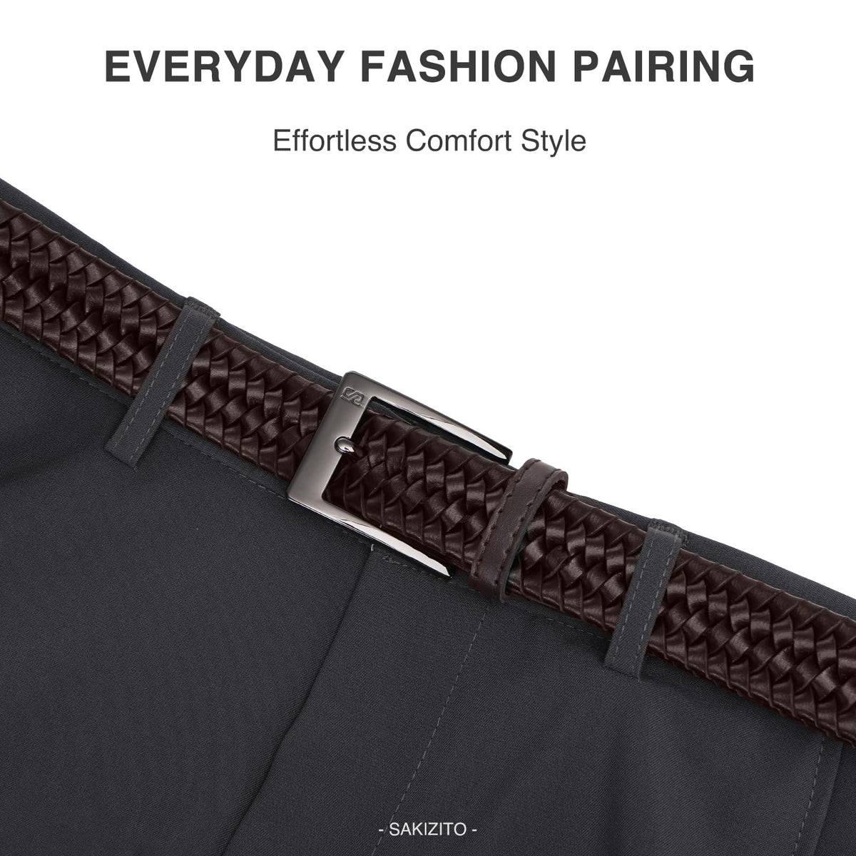 SAKIZITO Mens Braided Leather Belt - 1 1/4“ Stretch Belts for Men Casual - Mens Dark Brown Belt
