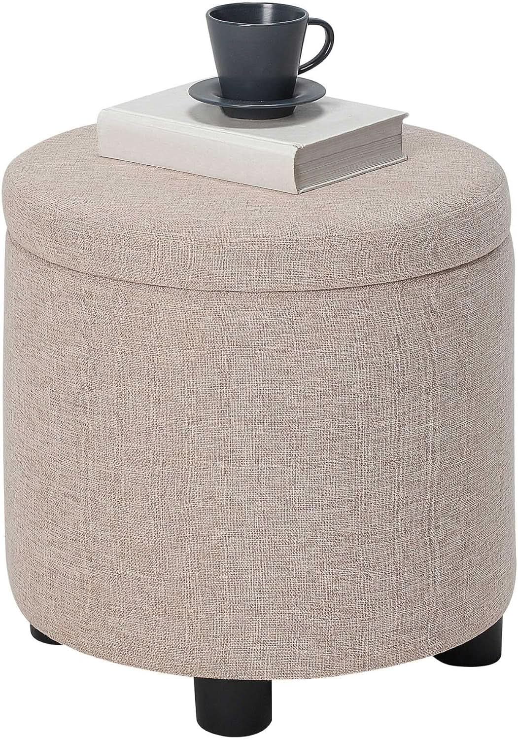 Round Storage Ottoman Upholstered Removable Tray Lid