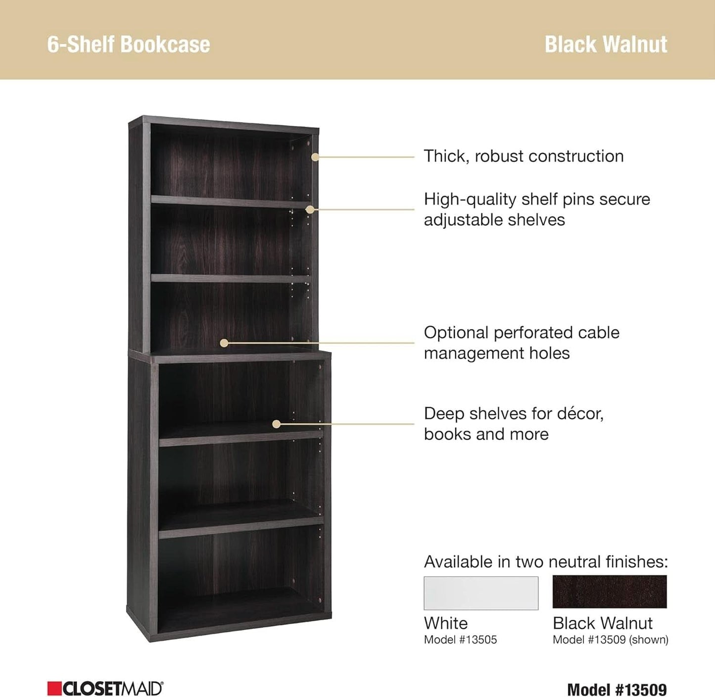 Tall Bookshelf Black Walnut Finish With Adjustable Shelves