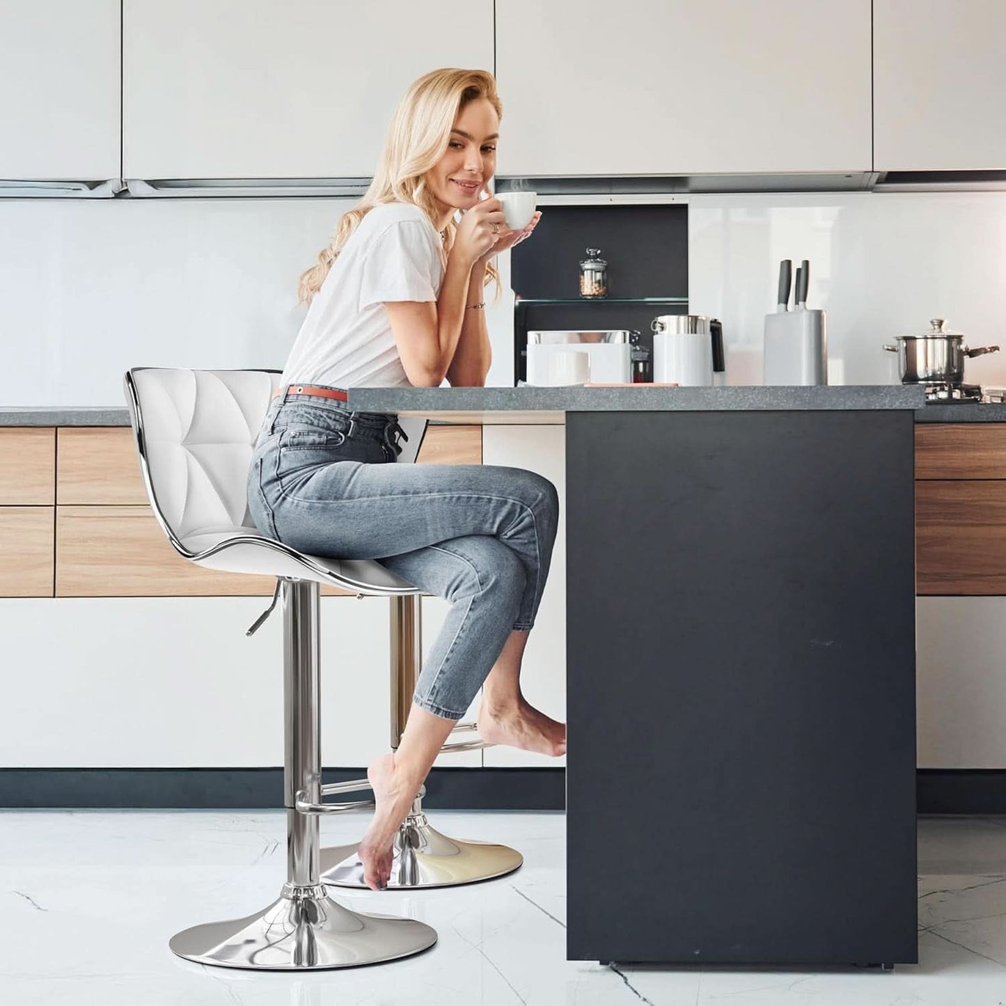 Bar Stools Set Of 2 White PU Leather Adjustable Swivel