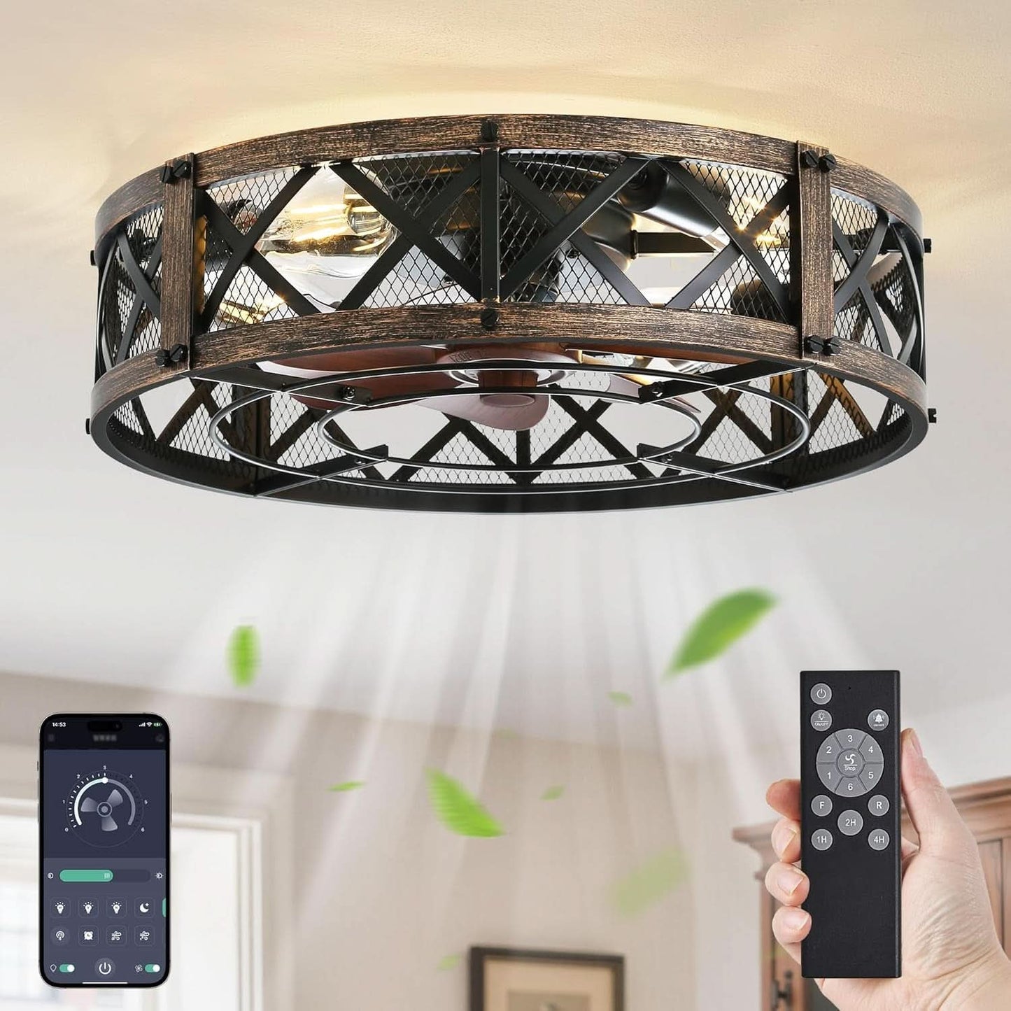 Twenty Inch Caged Ceiling Fan With Integrated Light Black