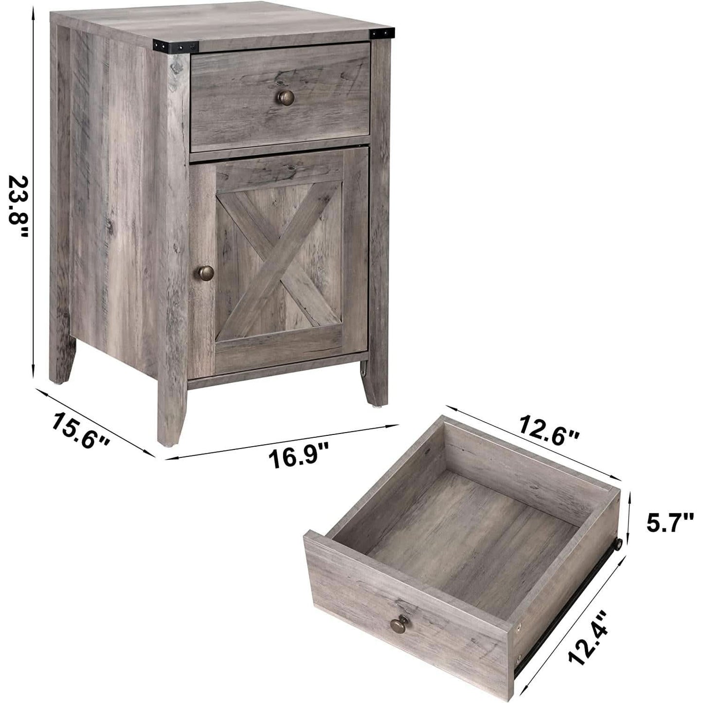 Barnwood Rustic Nightstand With X Shaped Barn Doors Grey