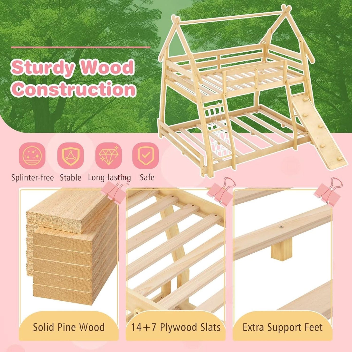 Twin Over Queen Bunk Bed With Climbing Nets Ramp Natural