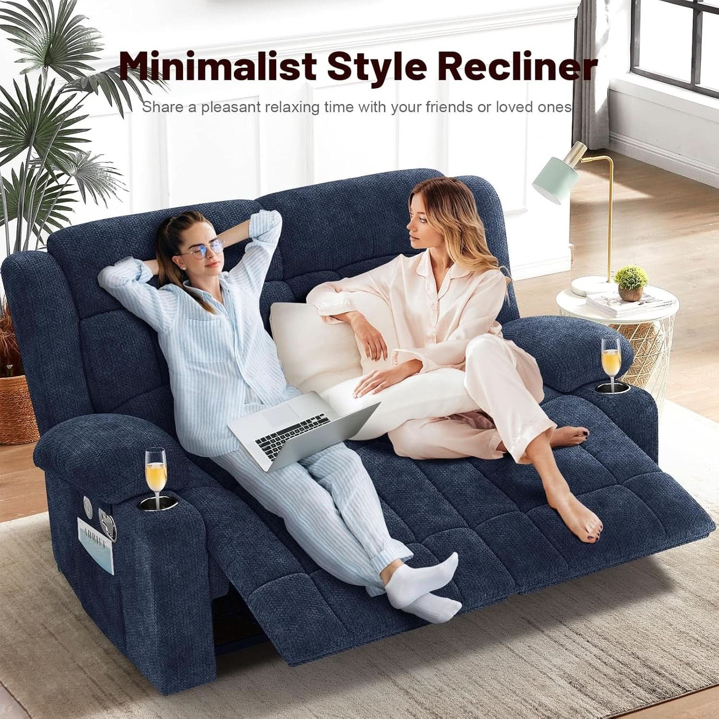Blue Fabric Reclining Loveseat With USB Ports For Living Room