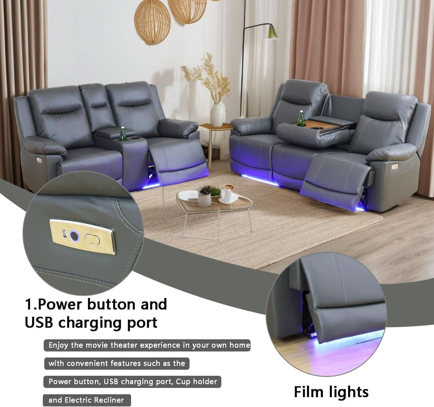 Power Leather Recliner Sofa Set Grey LED Lights Modern