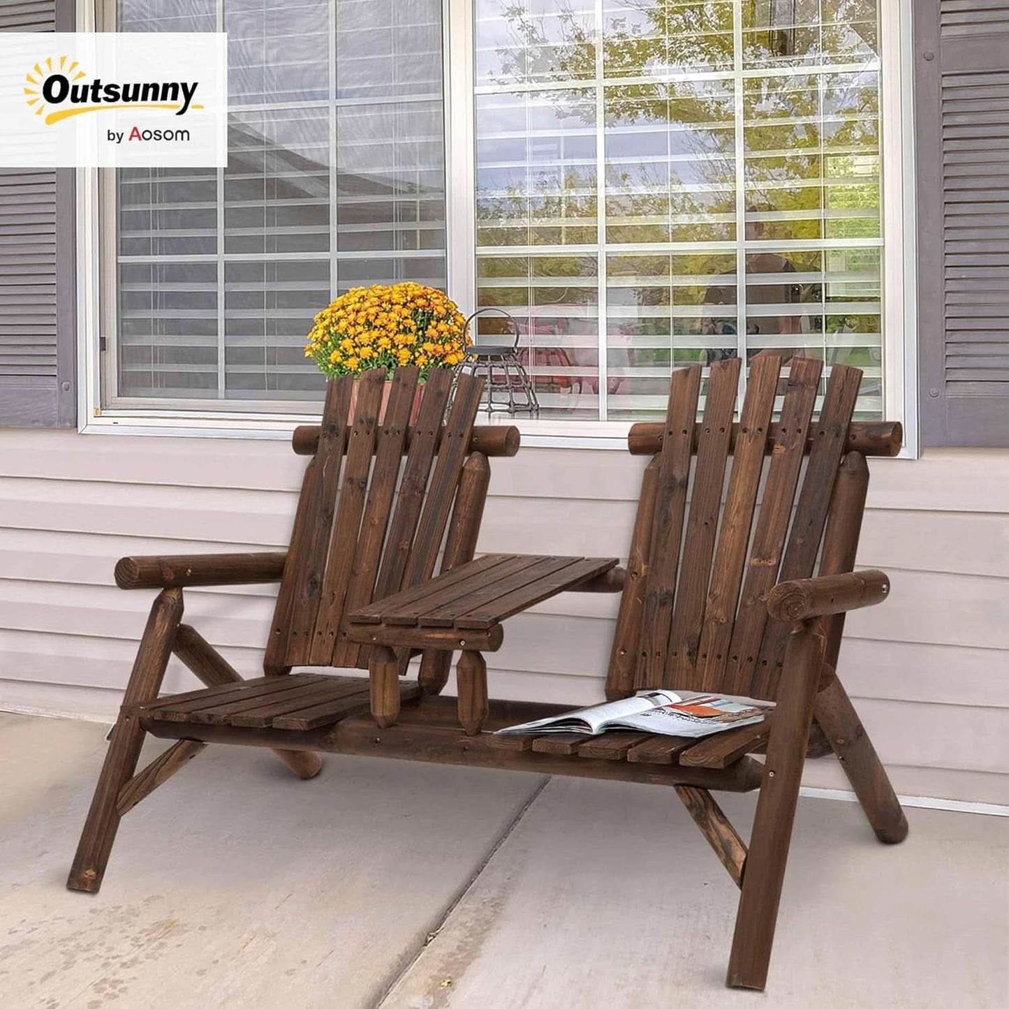 Two-Seat Wooden Adirondack Chair With Integrated Table