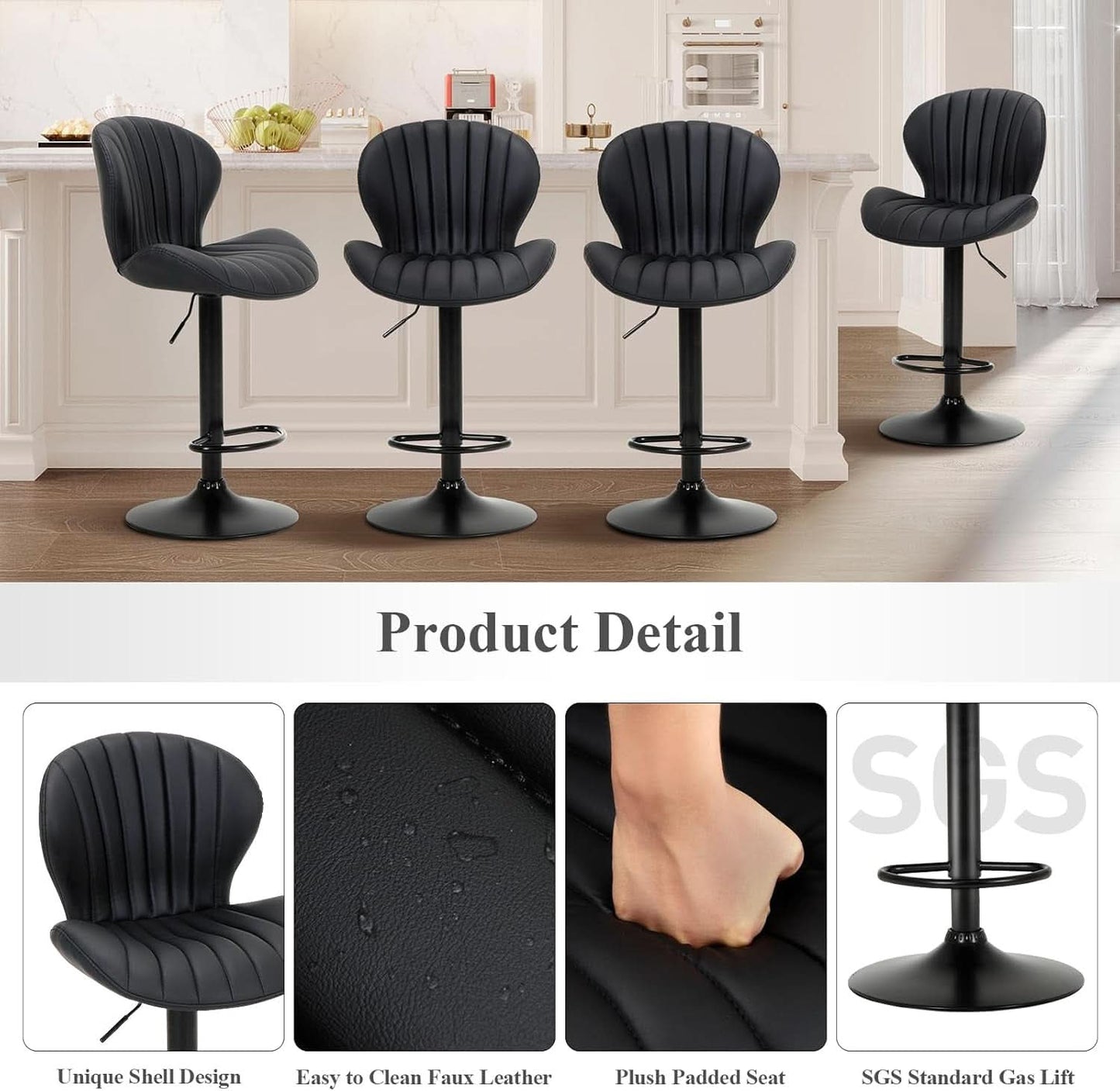 Black Adjustable Faux Leather Swivel Bar Stool Set Of Four
