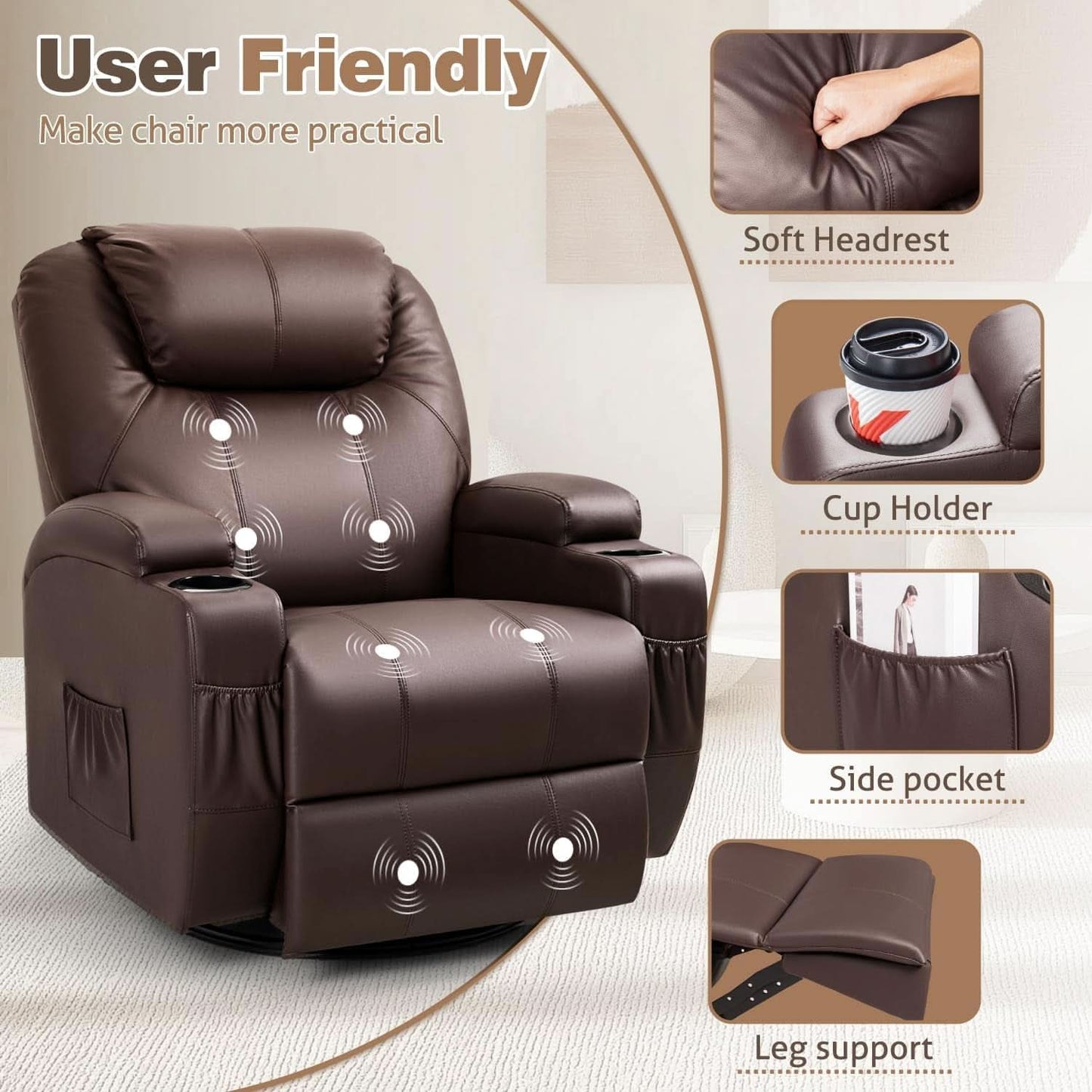 Dark Brown 360 Degree Swivel Recliner Chair With Massage
