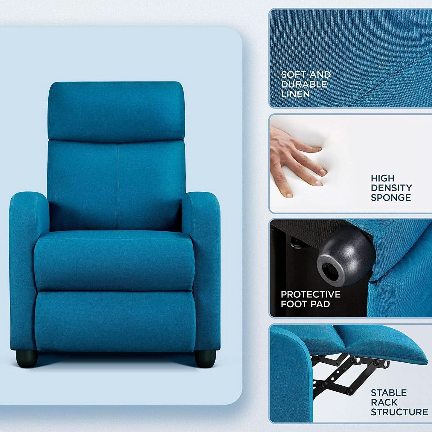 Blue Fabric Pushback Recliner Chair With Soft Armrests