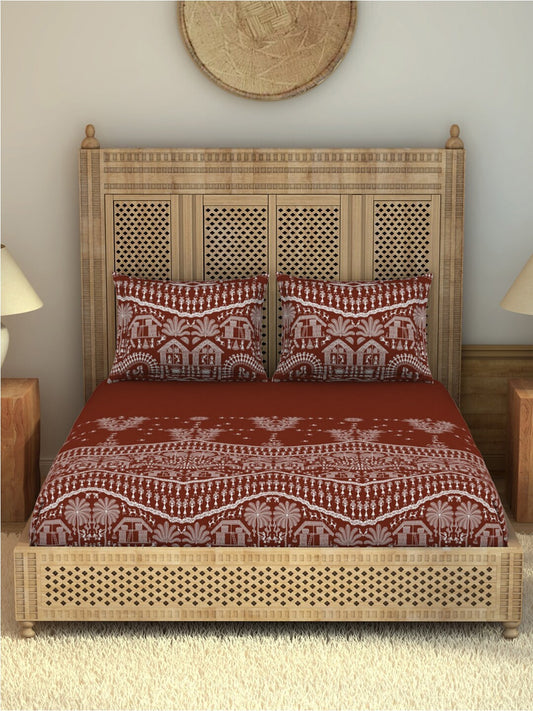SPACES Warli Orange & White Printed Cotton 210 TC King Bedsheet with 2 Pillow Covers