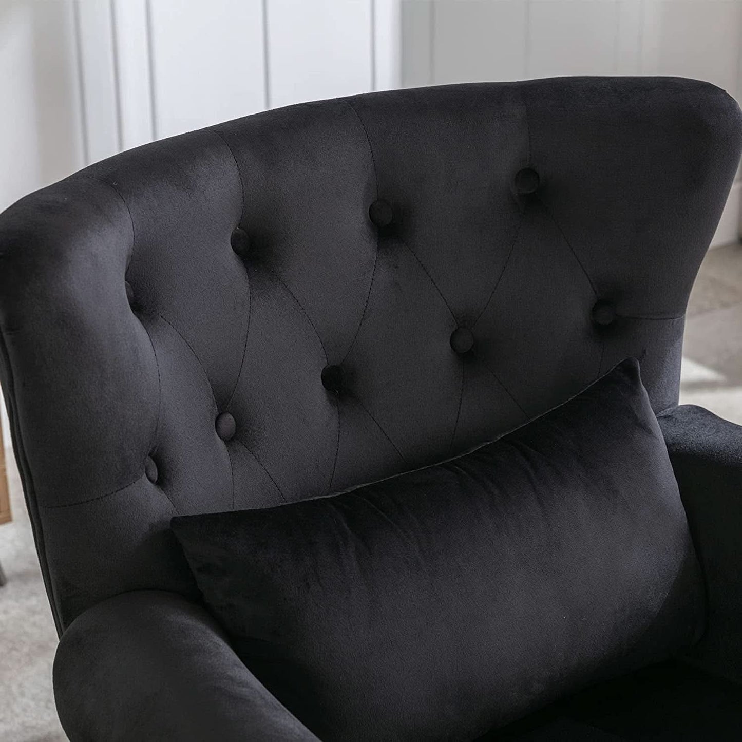 Elegant Black Velvet Wingback Chair With Ottoman Set
