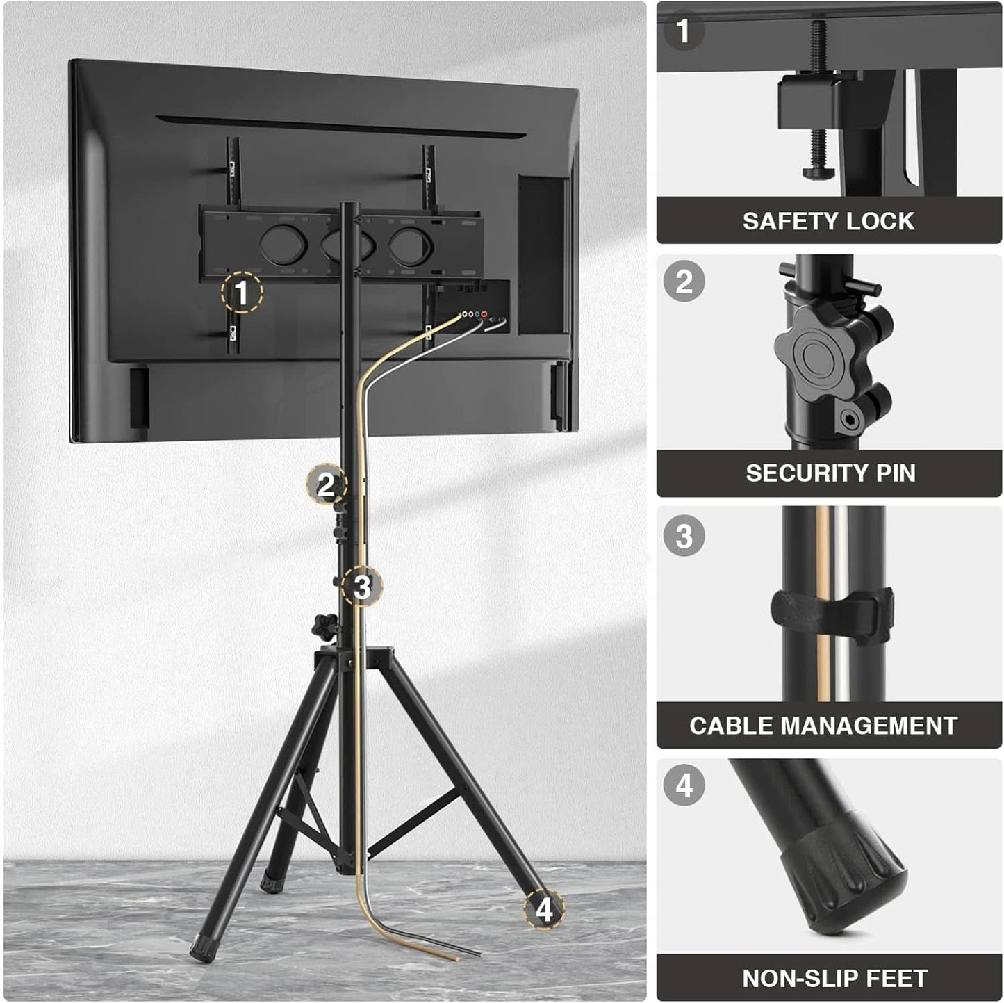 Tripod TV Stand For 23-75 Inch TVs Tilt 15 Degrees