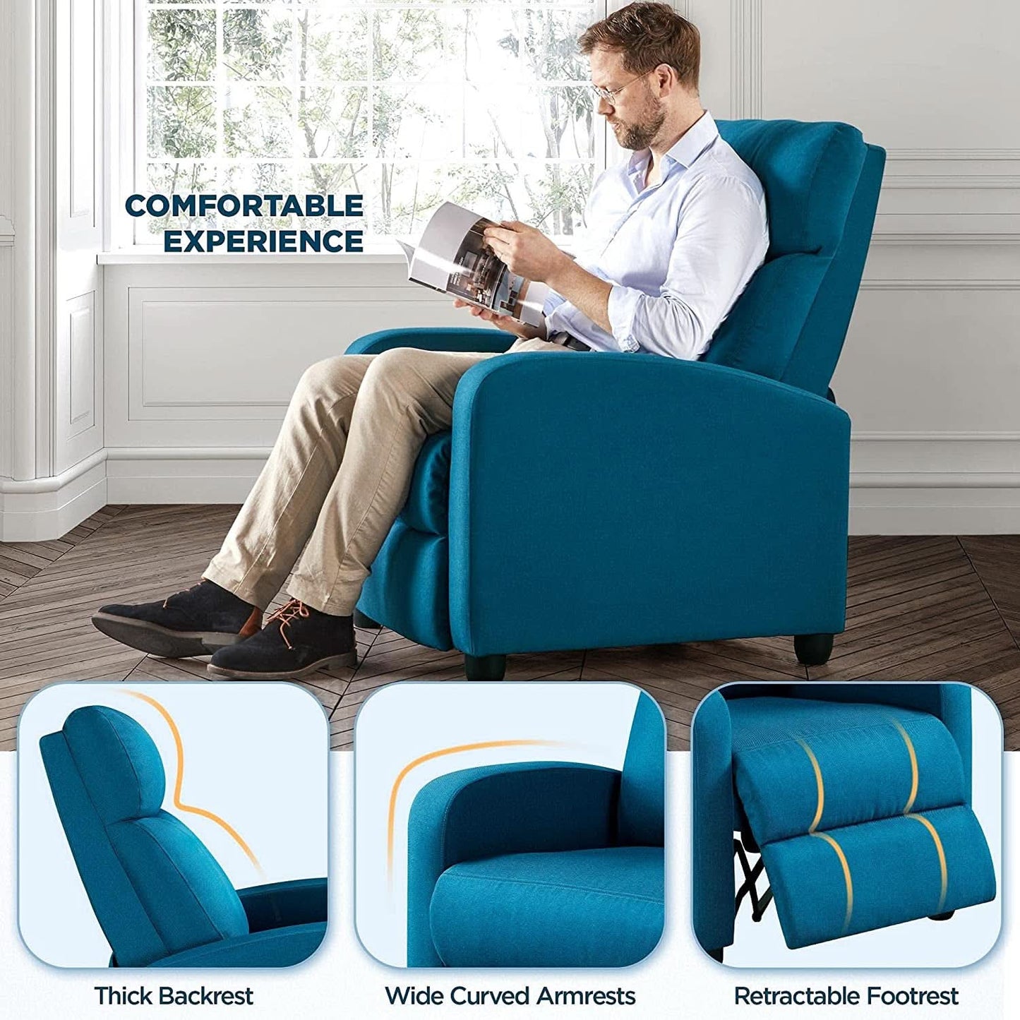 Blue Fabric Pushback Recliner Chair With Soft Armrests
