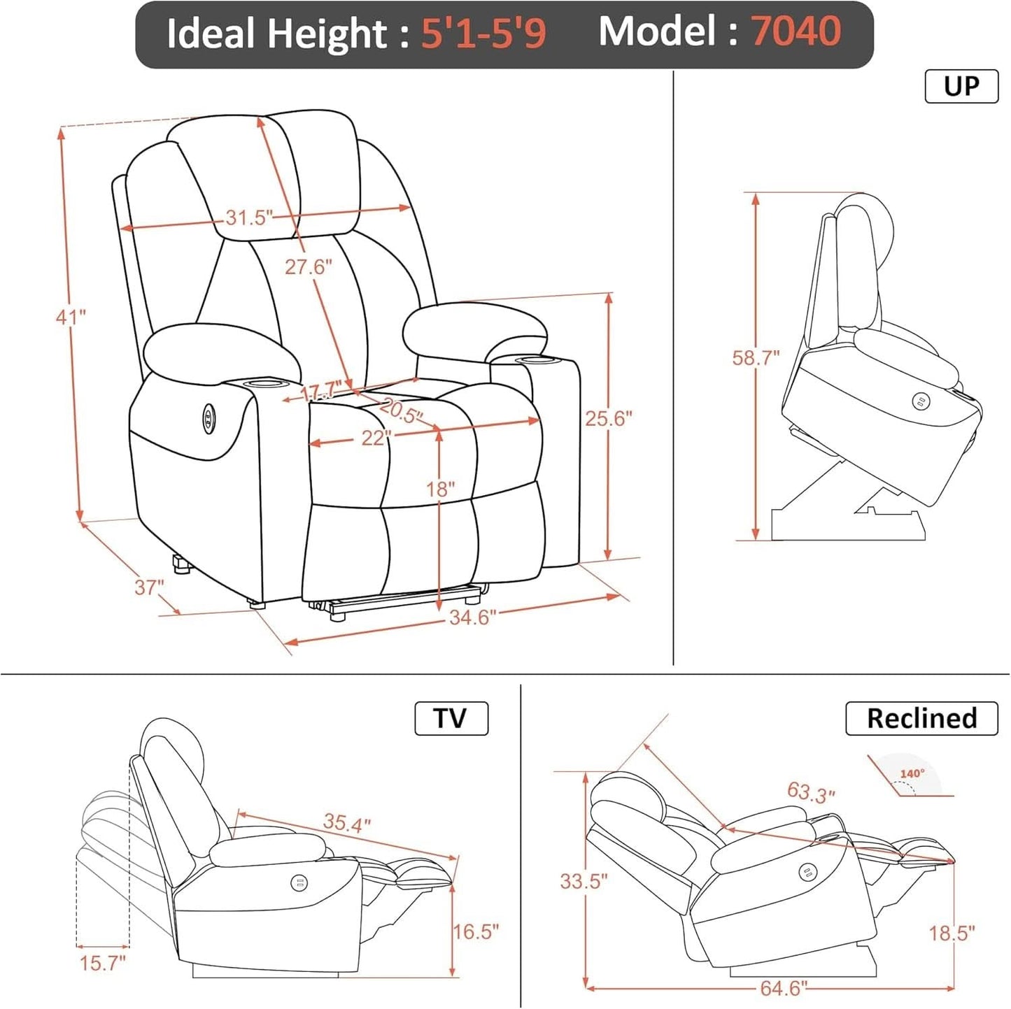 Electric Power Lift Recliner Chair Dark Brown Massage