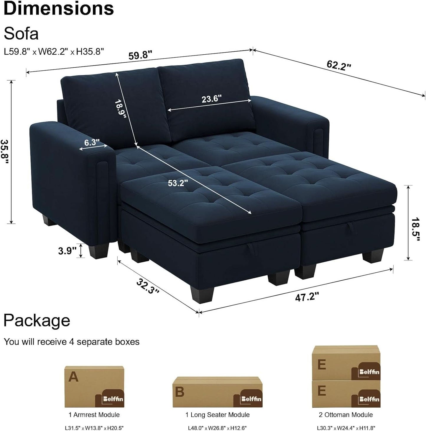 Velvet Modular Sectional Sofa With Storage Sleeper Blue