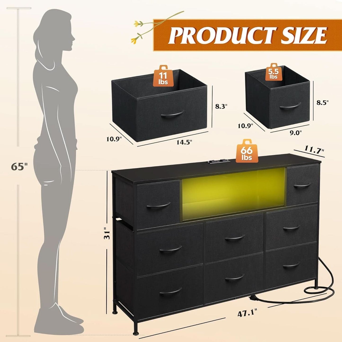 Black Fabric Dresser With Charging Station And LED Lights