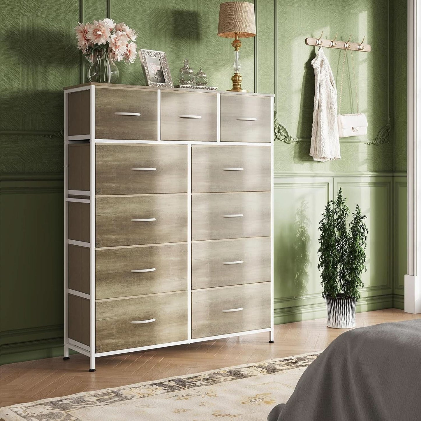 Tall Fabric Dresser Storage Tower 11 Drawer Greige Bedroom