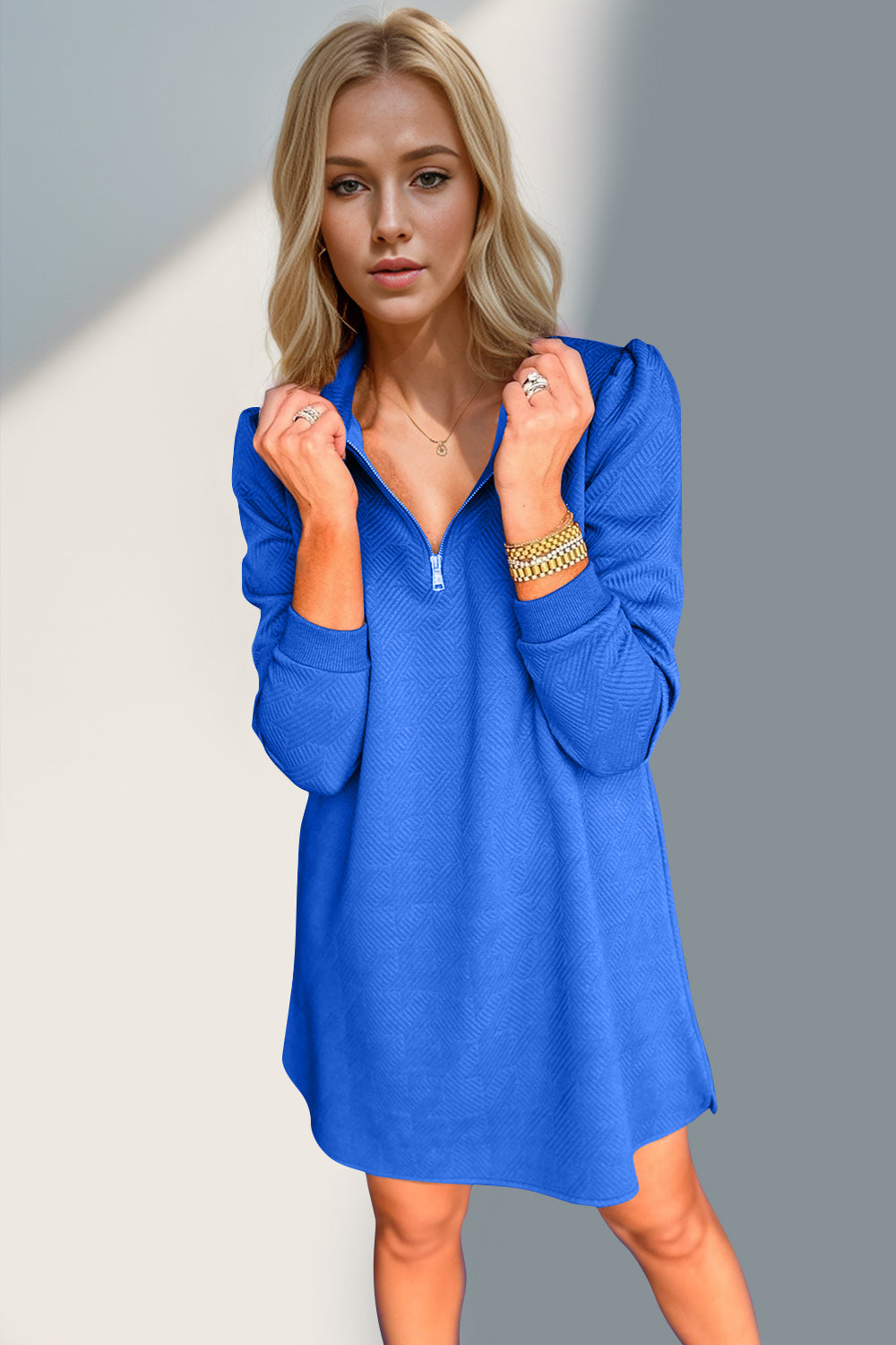 Double Take Textured Zip Long Sleeve Dress Classic Zip-Up Dress for Women Comfortable Outdoor Dress