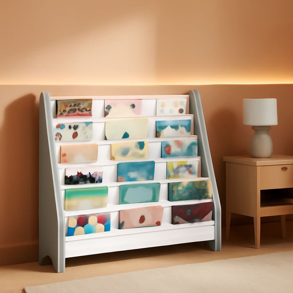 6 Tier Kids Bookshelf White And Gray Sling Book Organizer