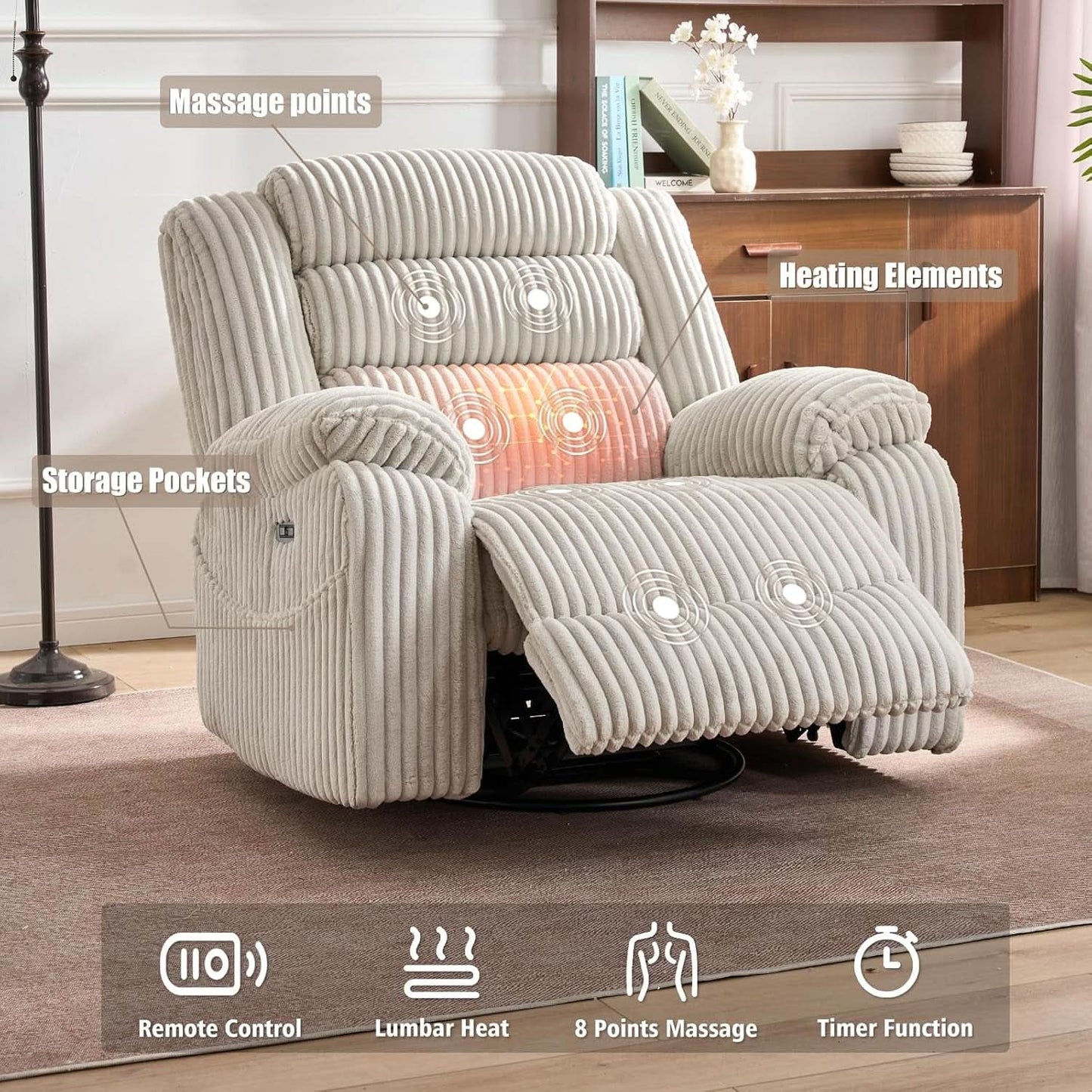 Power Swivel Rocker Recliner Chair With Massage And USB Charging White