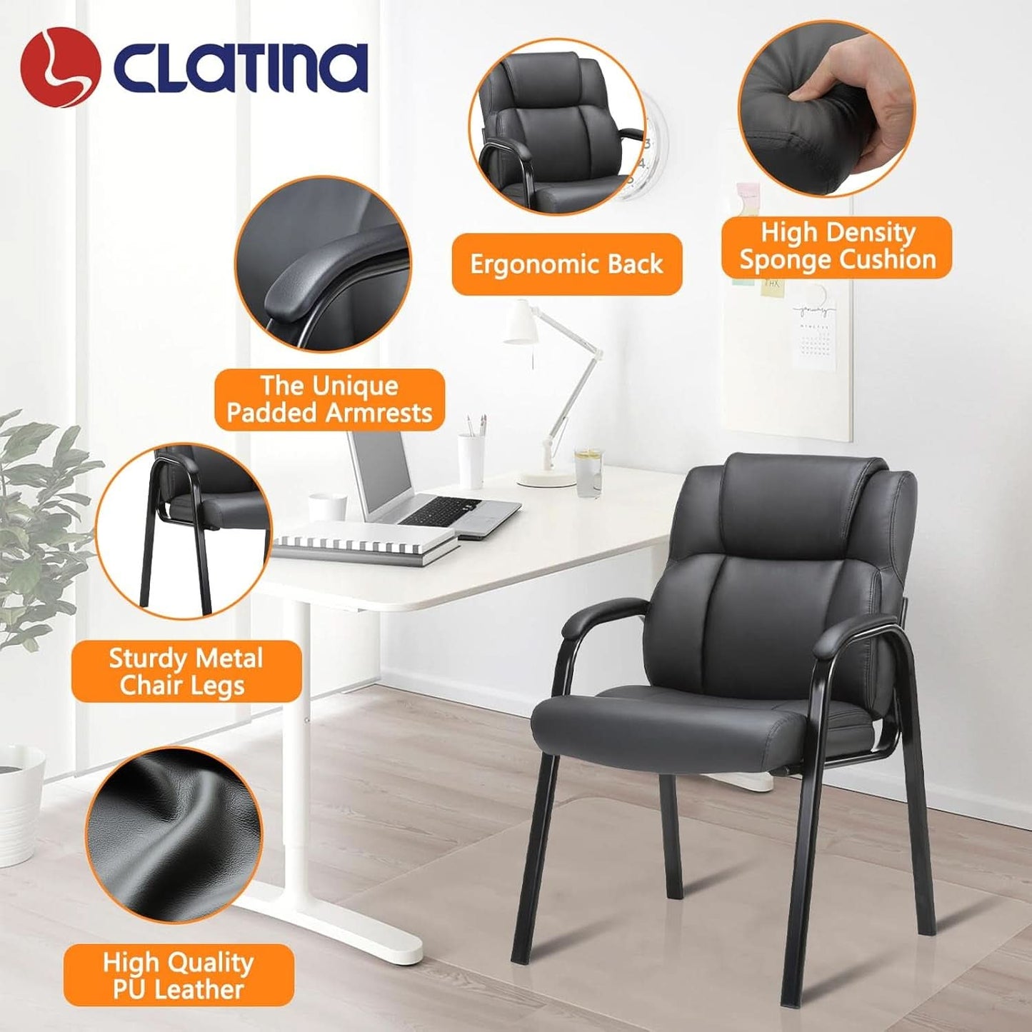 Black Leather Guest Chair 2 Pack With Padded Armrests