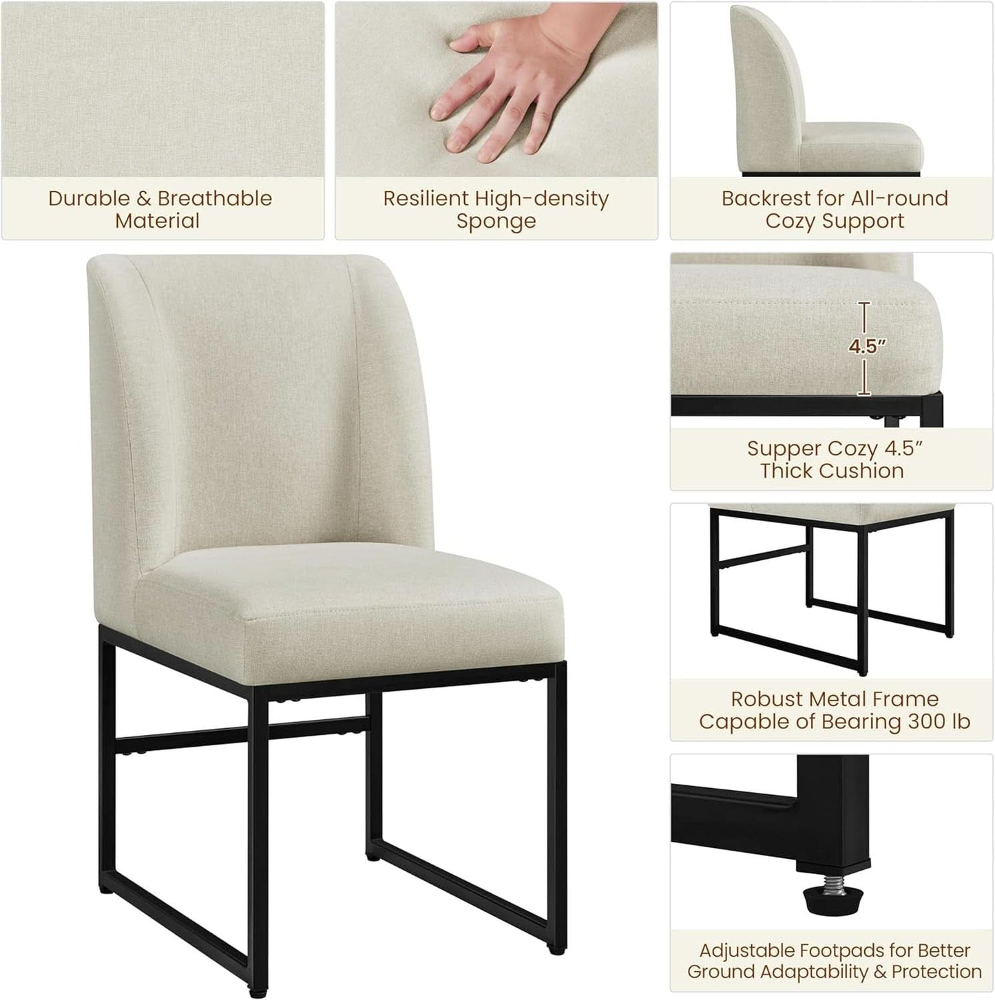Beige Upholstered Dining Chairs Mid Back With Metal Legs 2