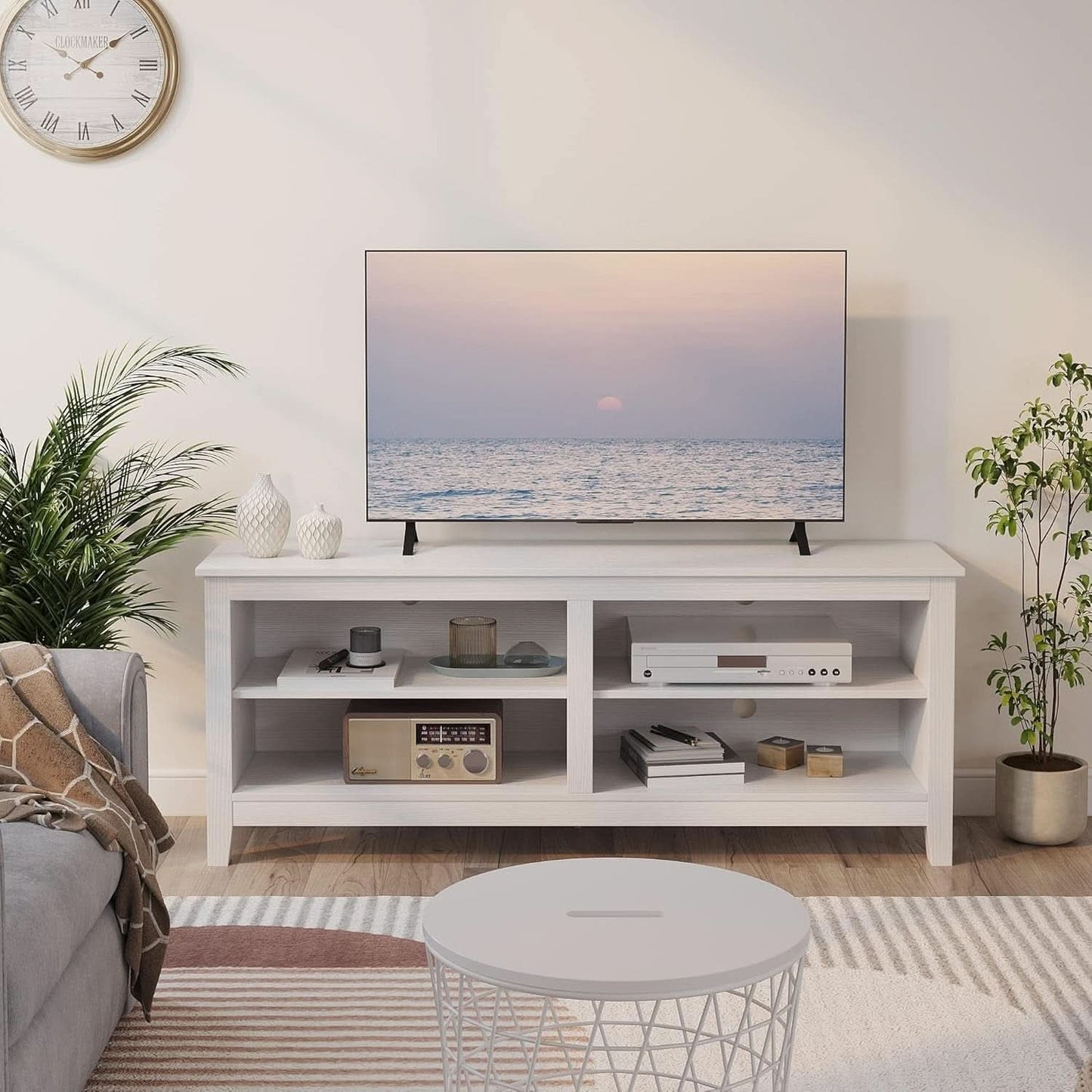 65 Inch TV Stand With Open Storage Shelves White Cabinet