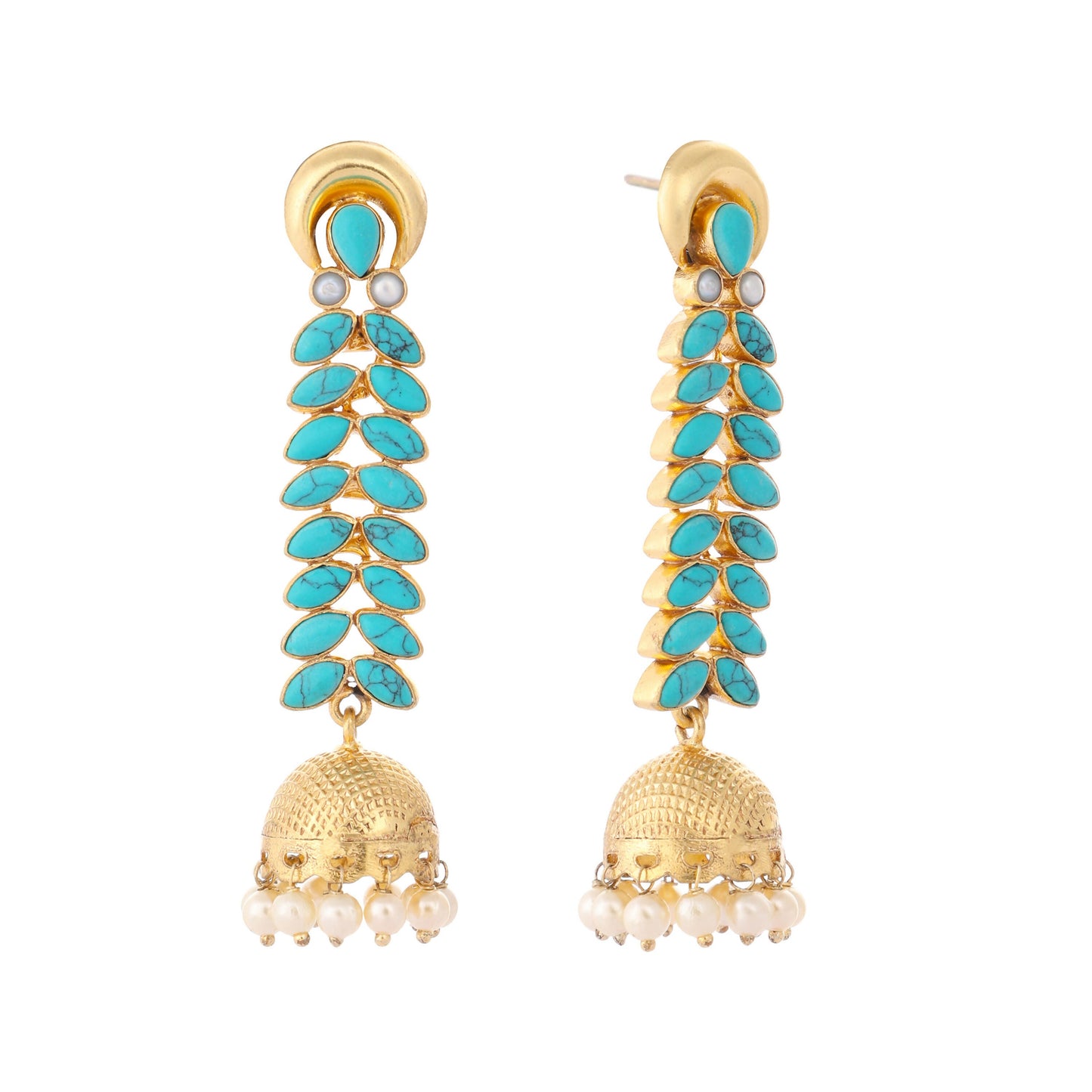 Nuyug 22K Gold Plated Pearl & Turquoise Stone Studded Contemporary Shaped Jhumkas