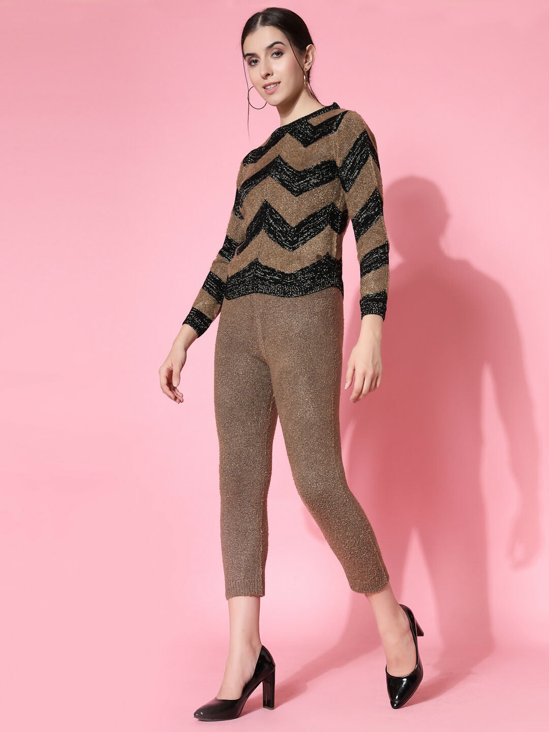 Women Black Acrylic Stripe & Solid Winter Co-Ord Set - Wool Trees