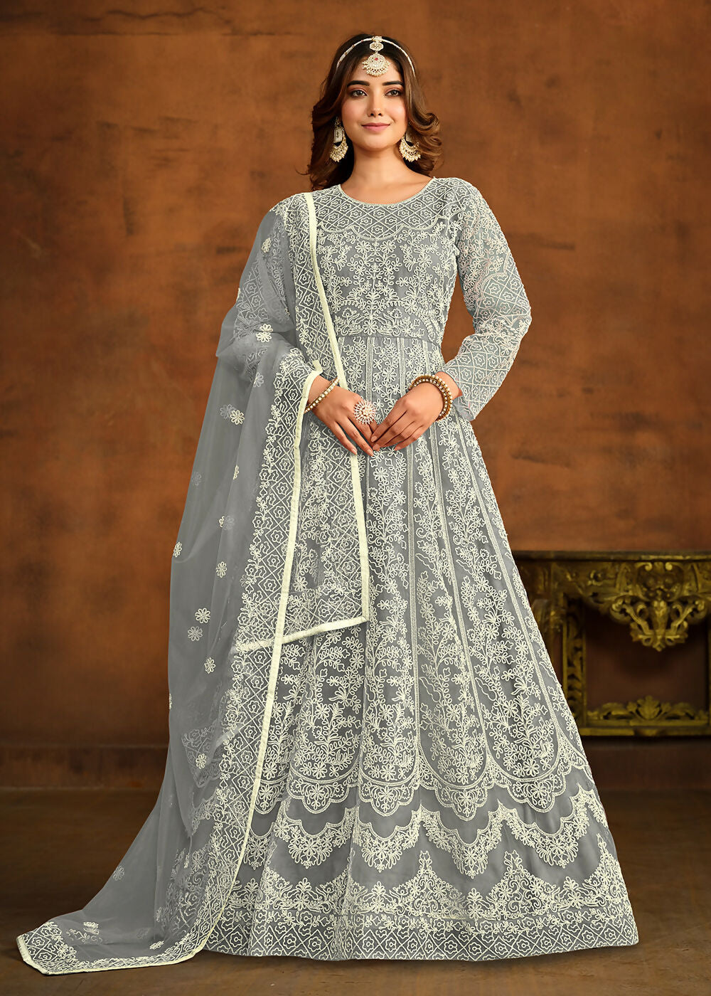 Grey All Over Embroidered Net Wedding Anarkali Suit - Emponline