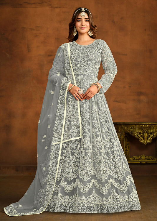 Grey All Over Embroidered Net Wedding Anarkali Suit - Emponline