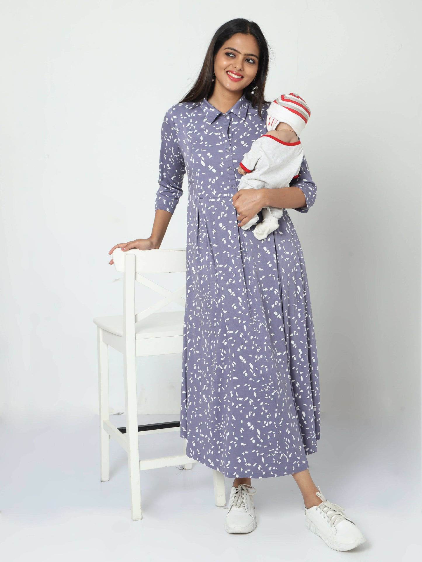 Manet Three Fourth Maternity Dress White Dot Print With Concealed Zipper Nursing Access - Blue