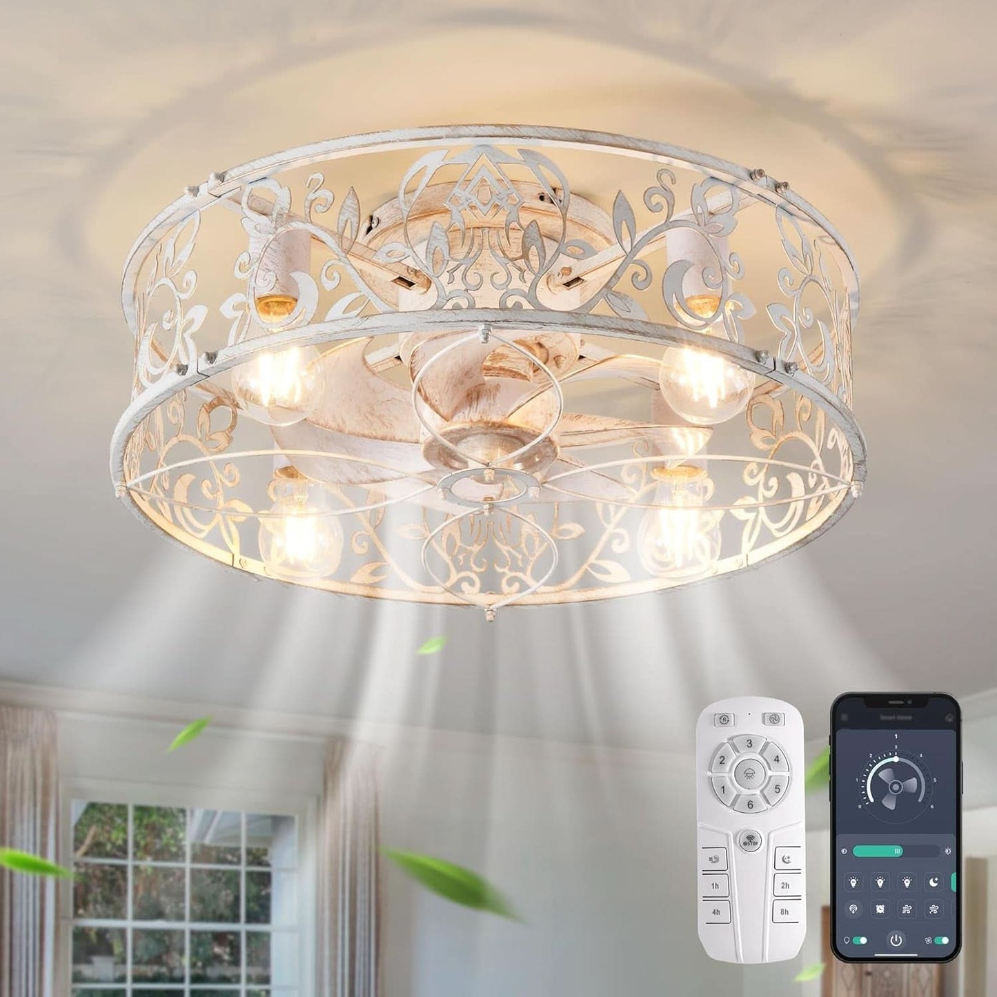 20 Inch Caged Ceiling Fan With Light White Gold Remote